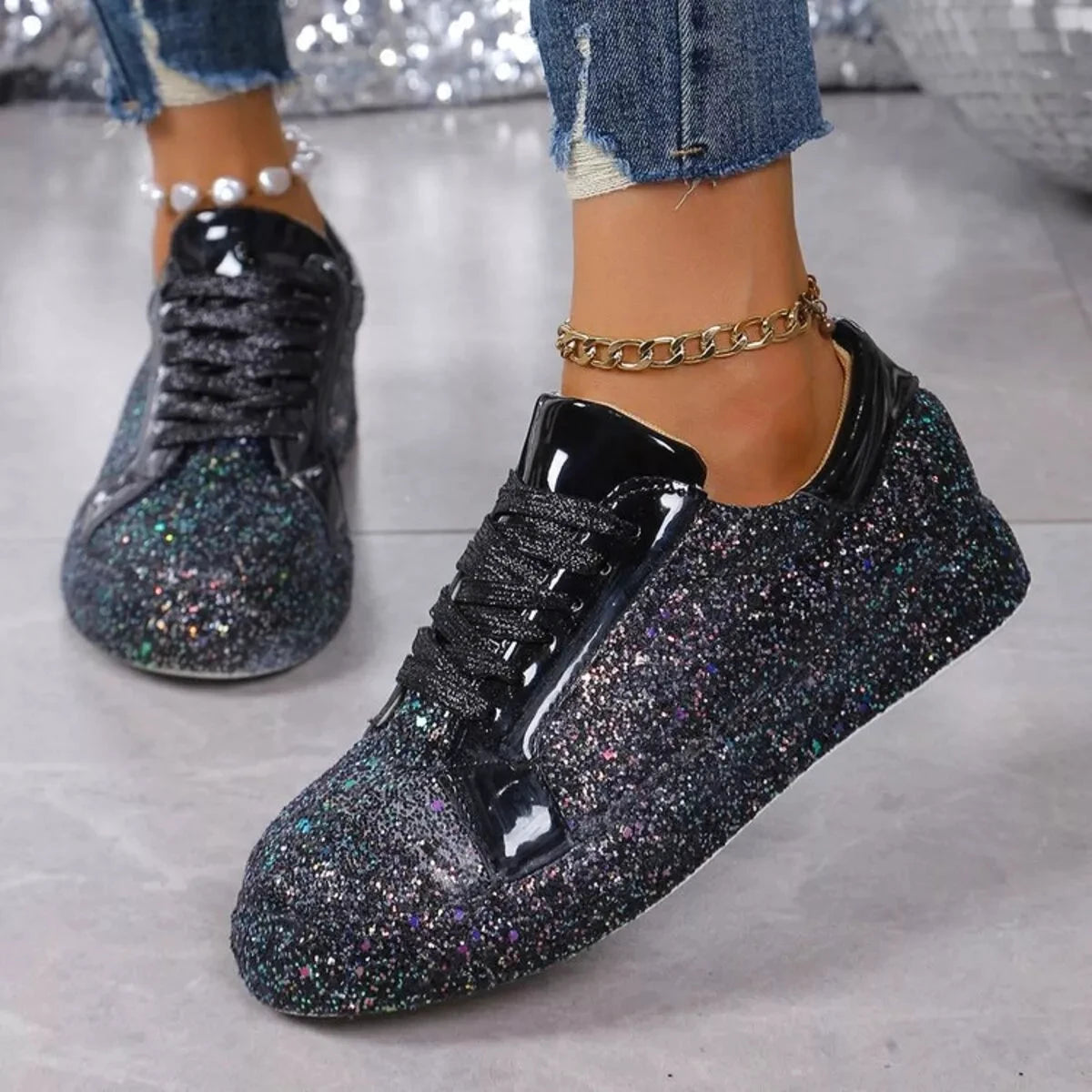 Sparkling Lace Up Sneakers by Trendsi