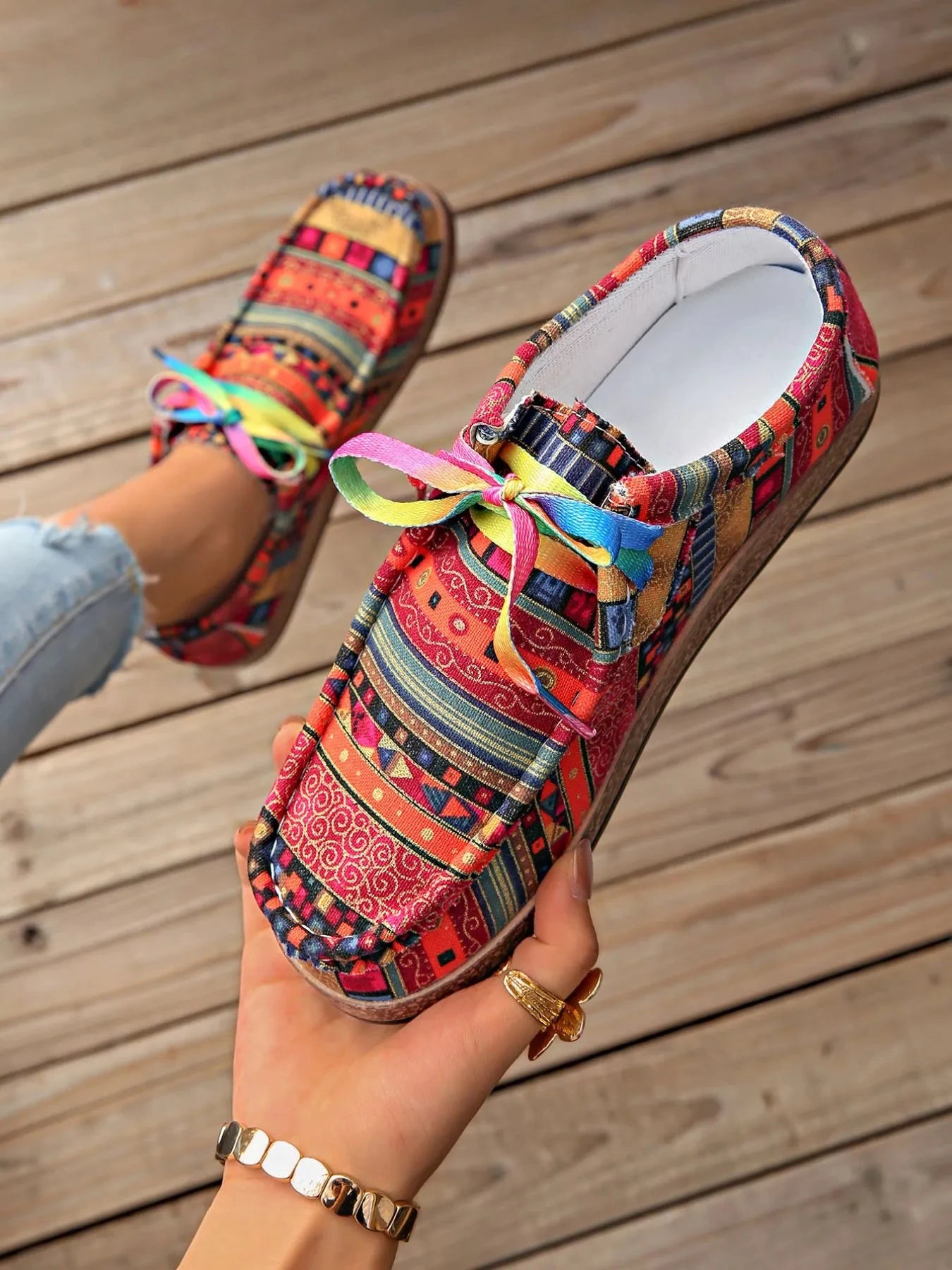 Printed Lace Up Sneakers by Trendsi