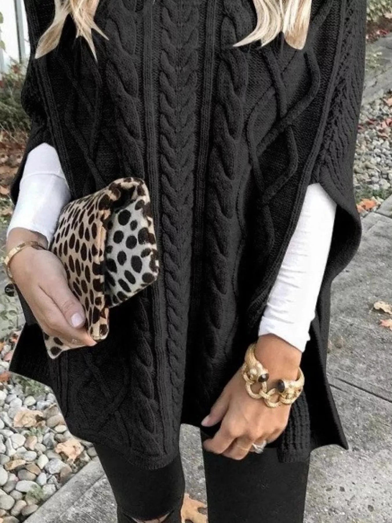 Chunky Cable Knit Turtleneck Poncho Cover Up by Trendsi