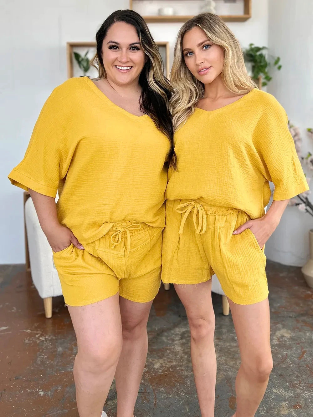 Double Take Texture Half Sleeve T-Shirt and Drawstring Shorts Set by Trendsi