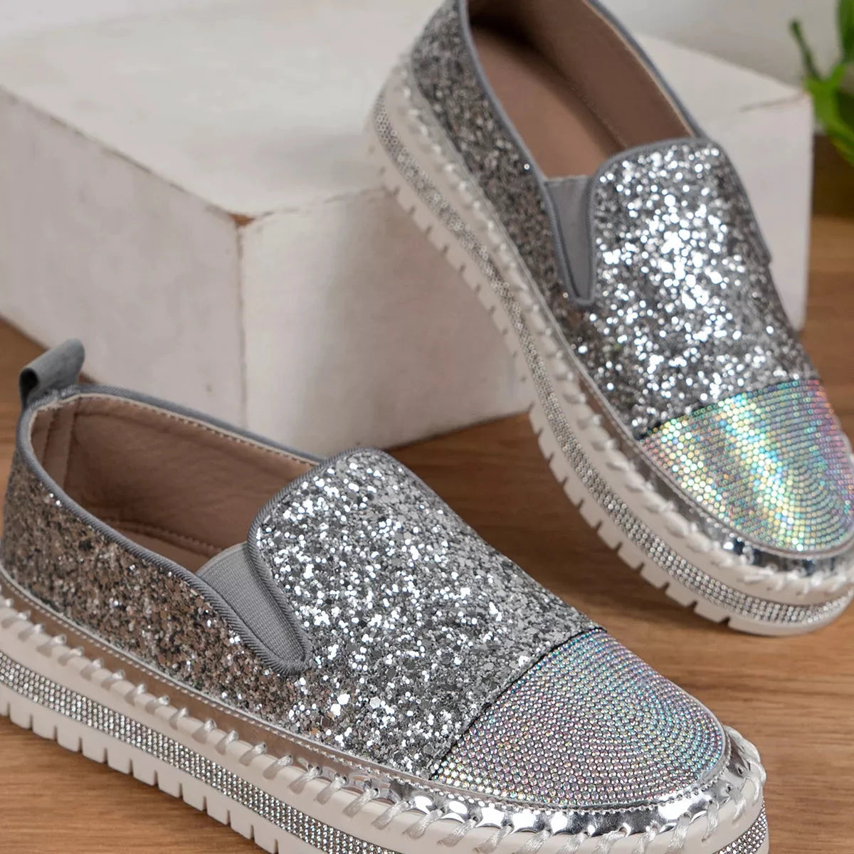 Rhinestone Sequin Round Toe Platform Loafers by Trendsi