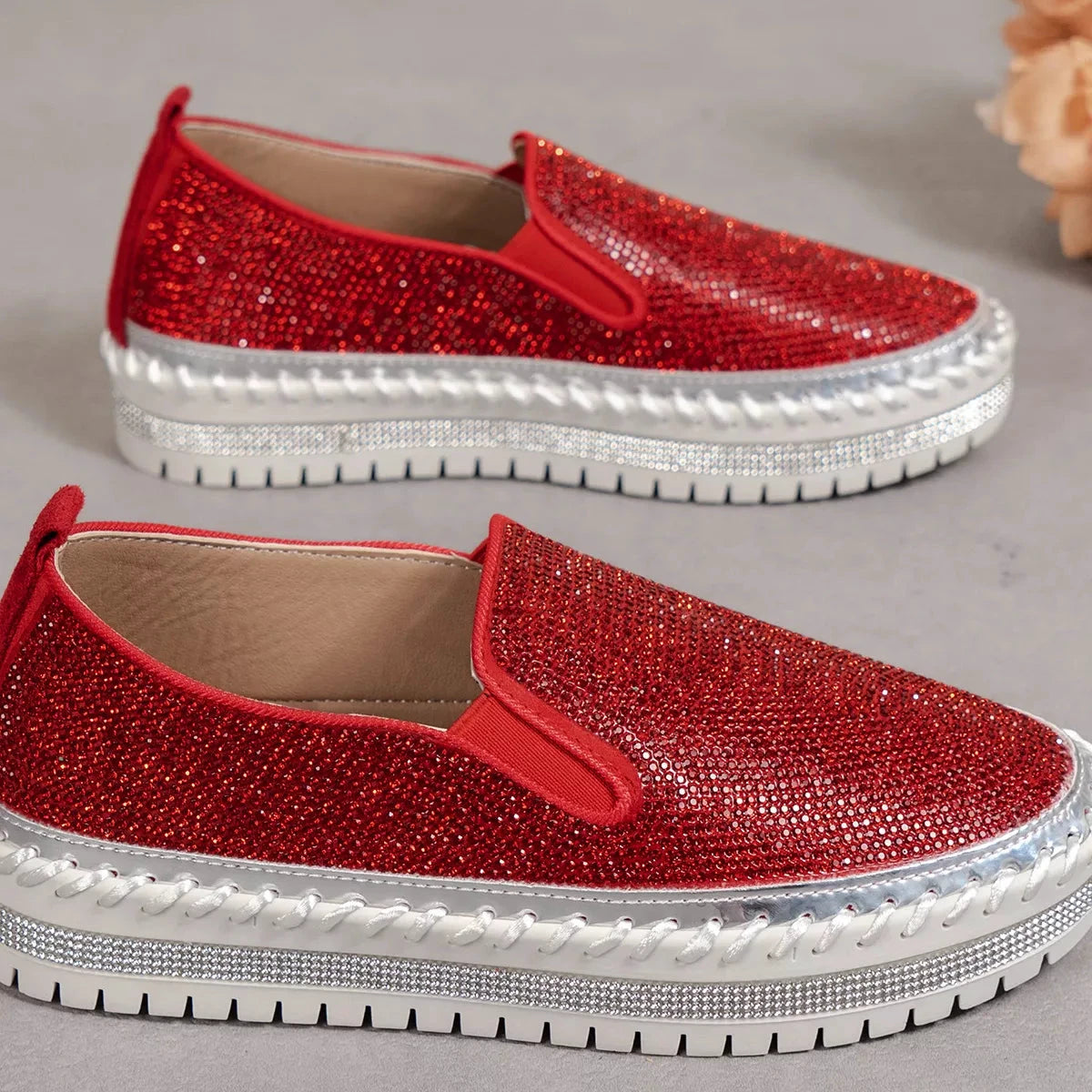 Rhinestone Round Toe Platform Loafers by Trendsi