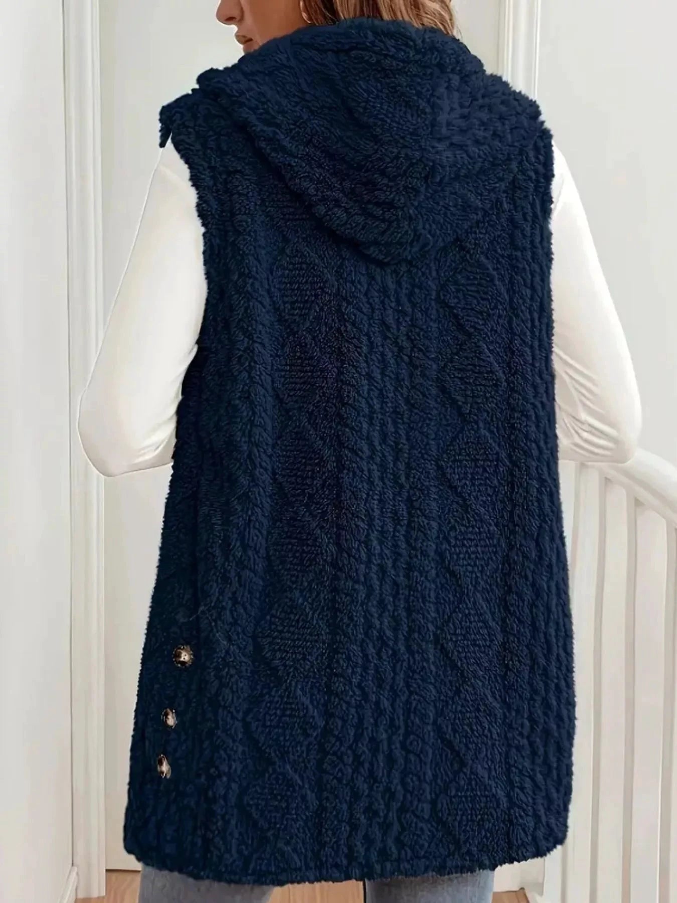 Hooded Button-Up Sherpa Vest Coat by Trendsi