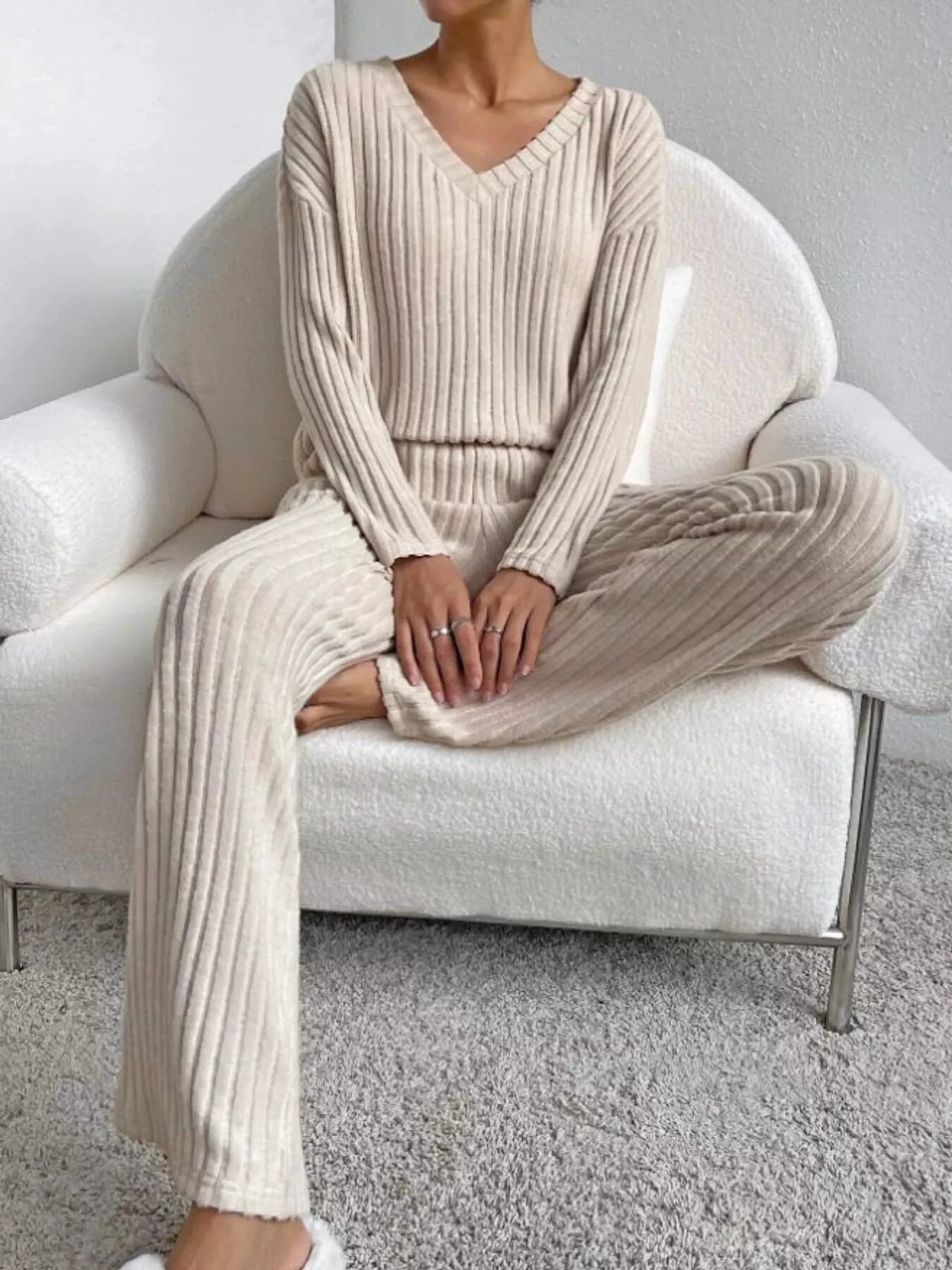 Ribbed Knit V-Neck Top and Pants Set by Trendsi