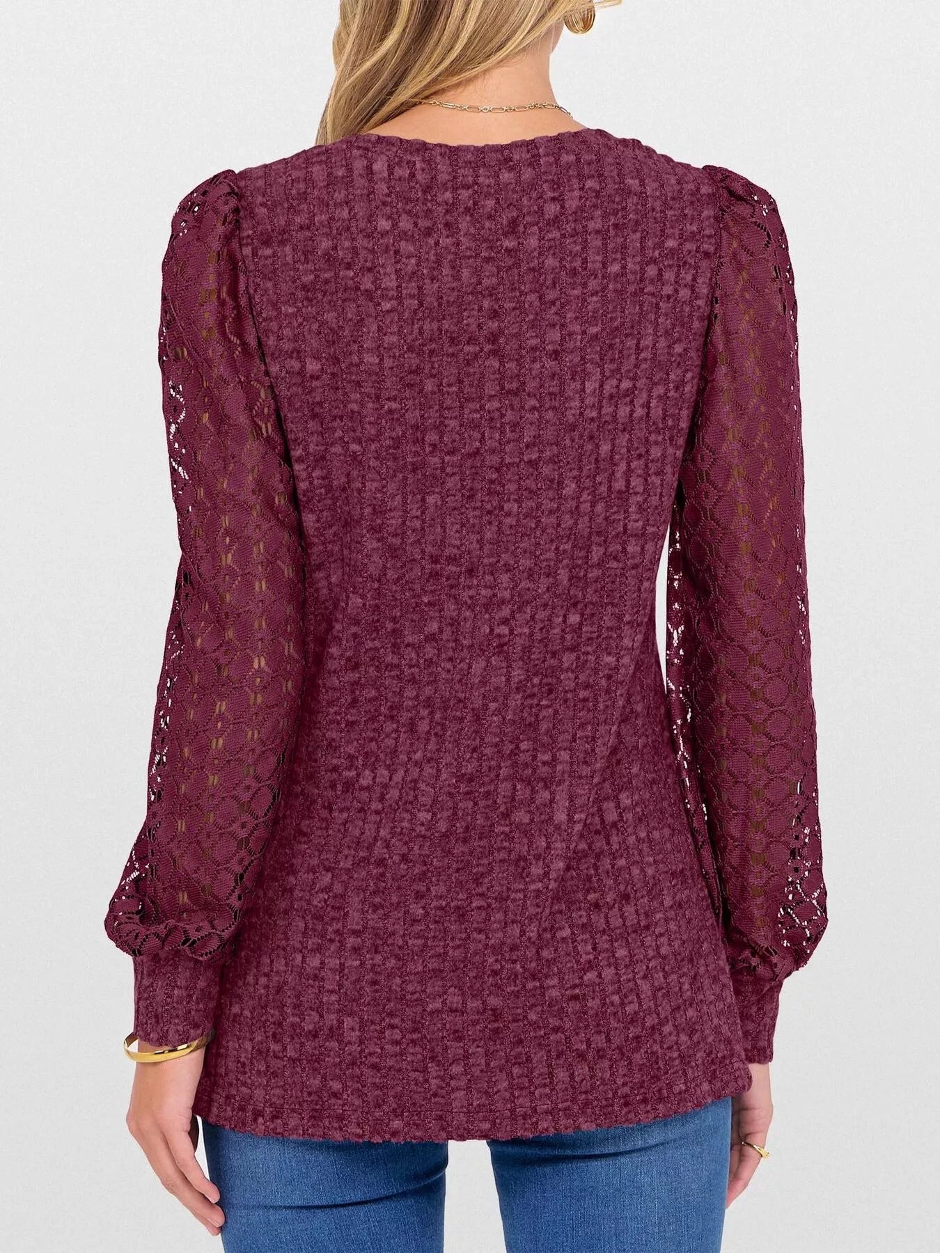 Lace Sleeve V-Neck T-Shirt by Trendsi