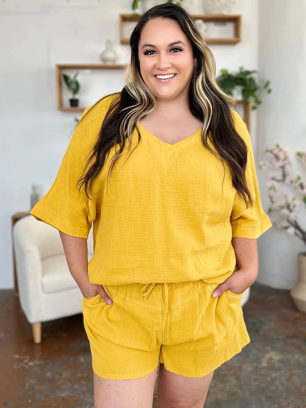 Double Take Texture Half Sleeve T-Shirt and Drawstring Shorts Set by Trendsi