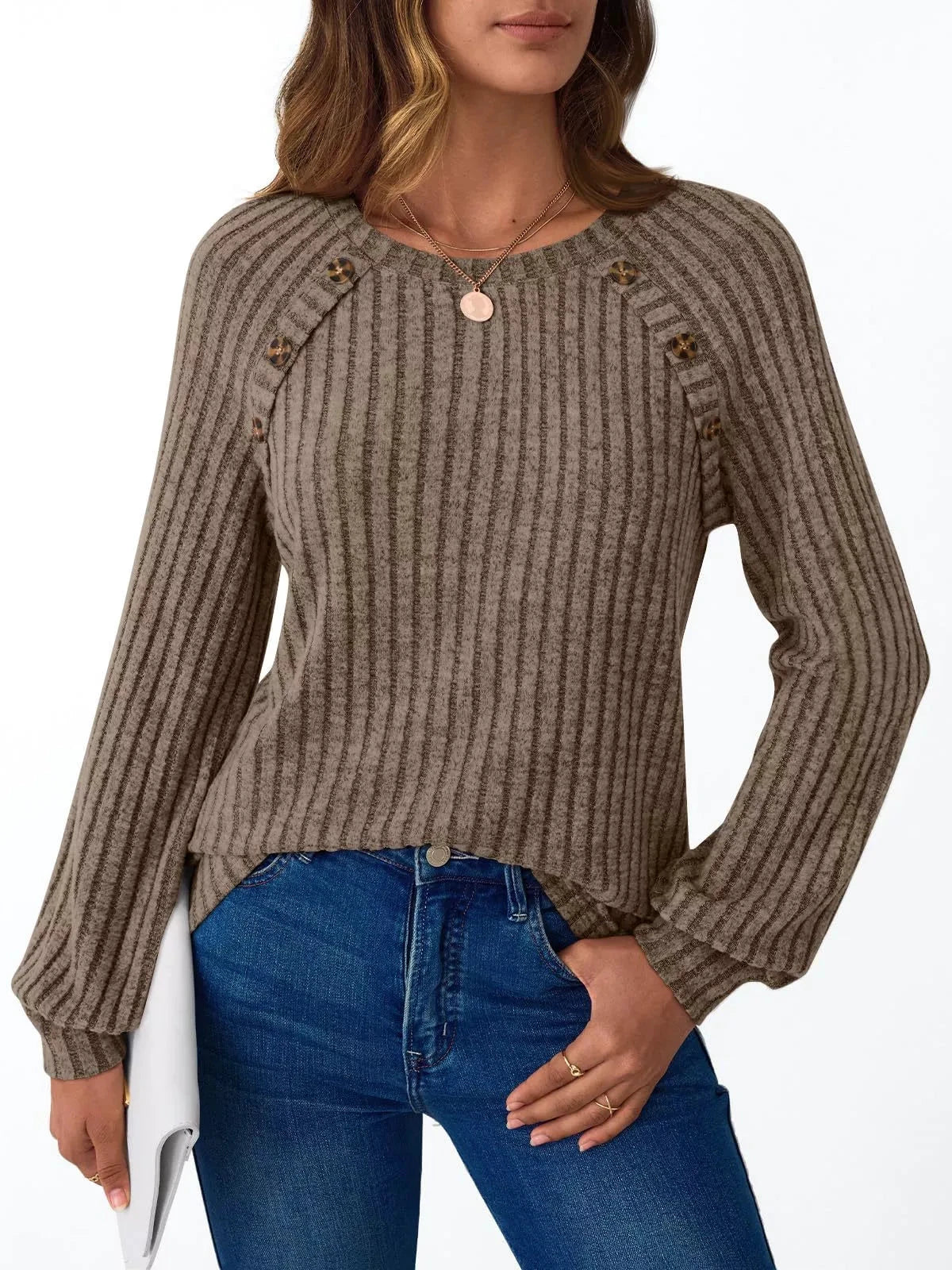 Ribbed Knit Decor Button Long Sleeve T-Shirt by Trendsi