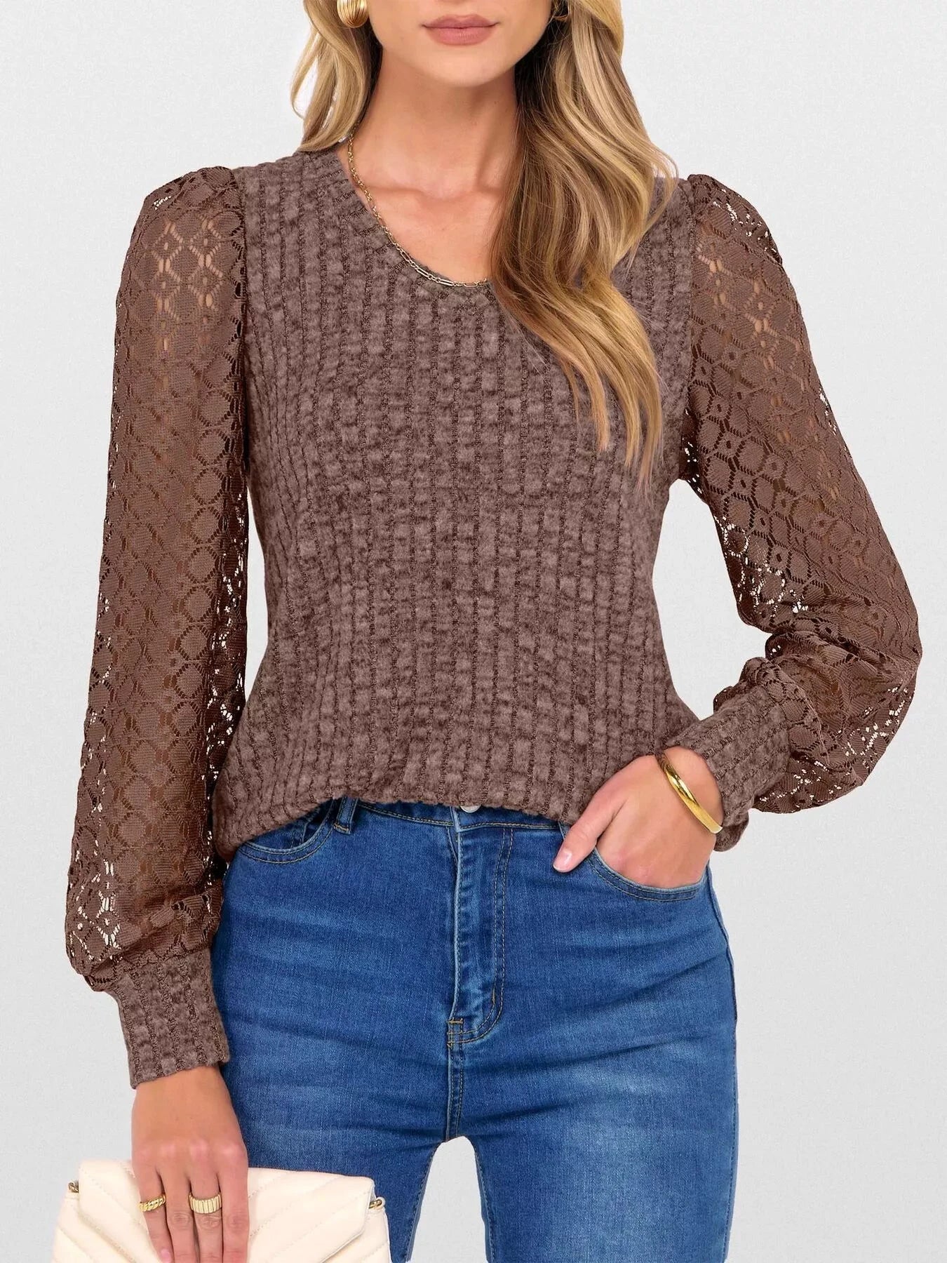 Lace Sleeve V-Neck T-Shirt by Trendsi