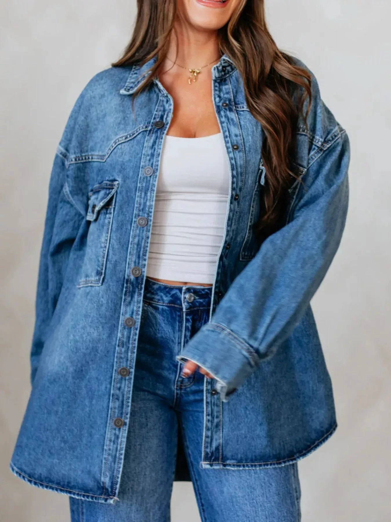 Snap Down Dropped Shoulder Denim Jacket by Trendsi