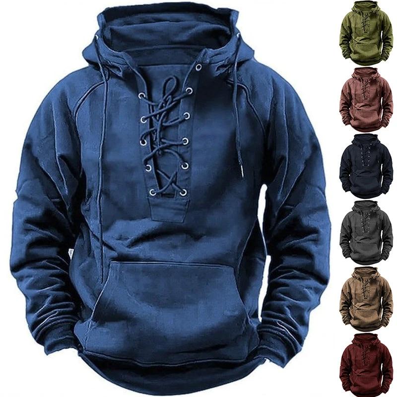 Ins Lace-up Hoodie Casual Sports Pocket Sweatshirt Men's Long-sleeved Top Clothing by Jeansdenim.store