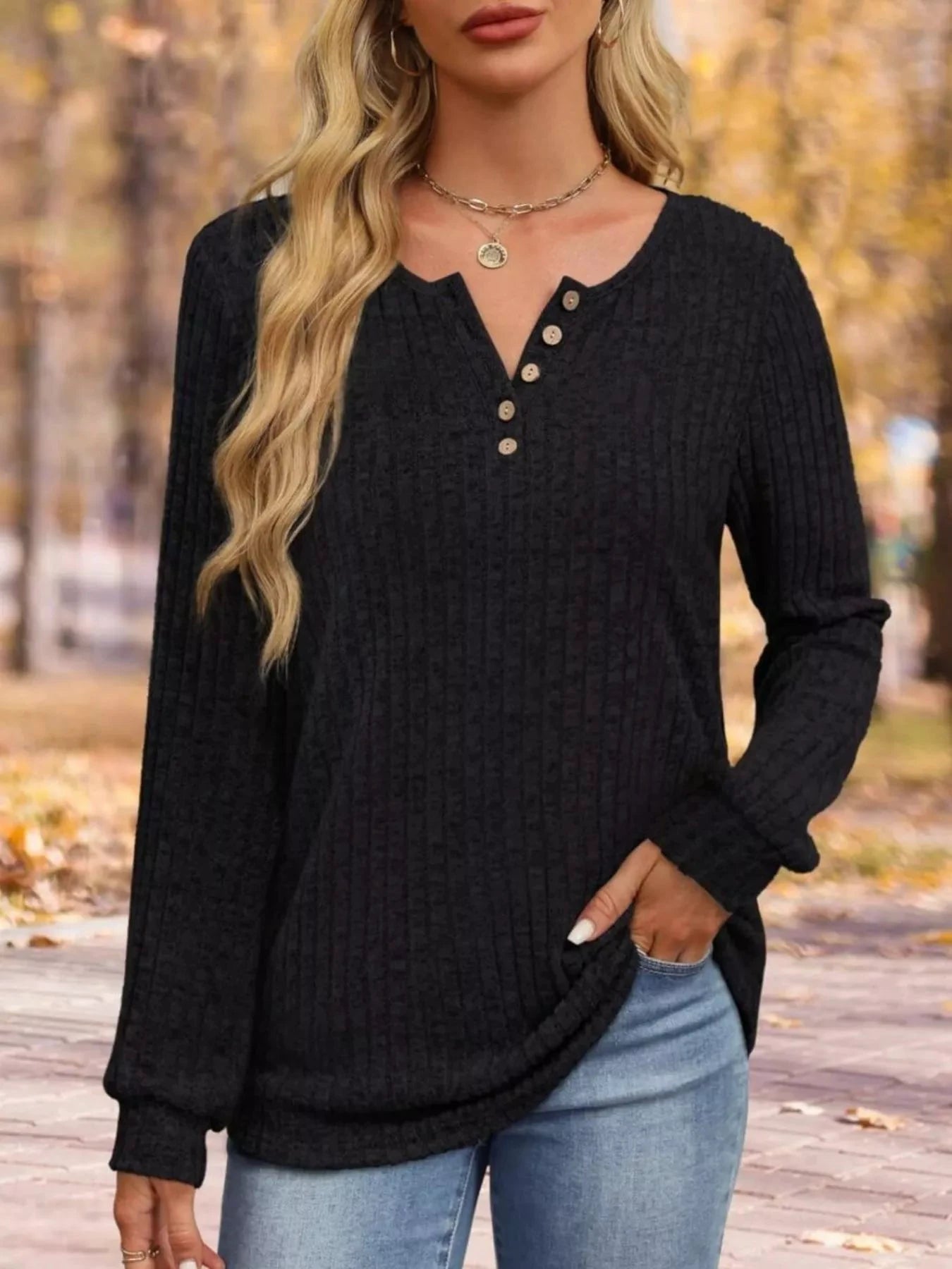 Ribbed Knit Button-Front Long Sleeve T-Shirt by Trendsi