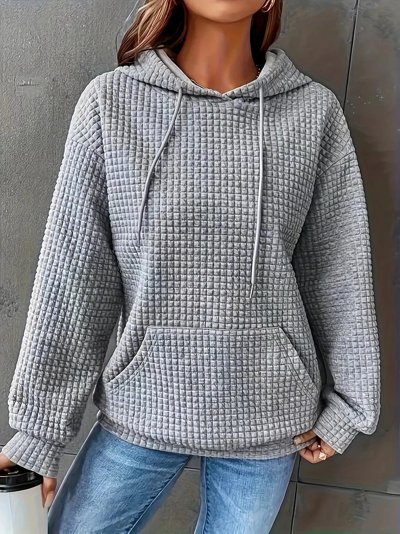 Textured Knit Drawstring Hoodie by Trendsi