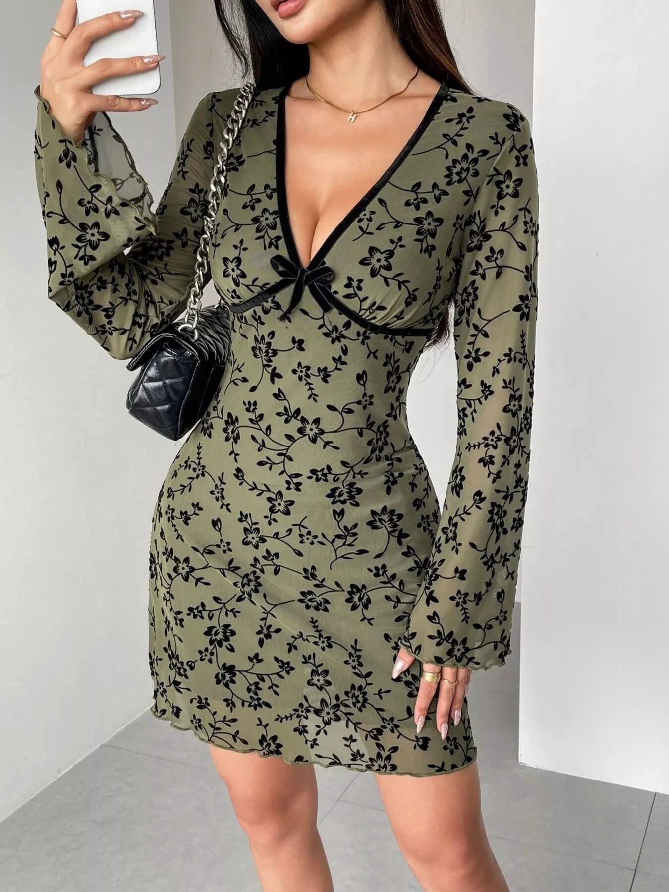 Floral Print Flare Sleeve Mini Dress by Trendsi