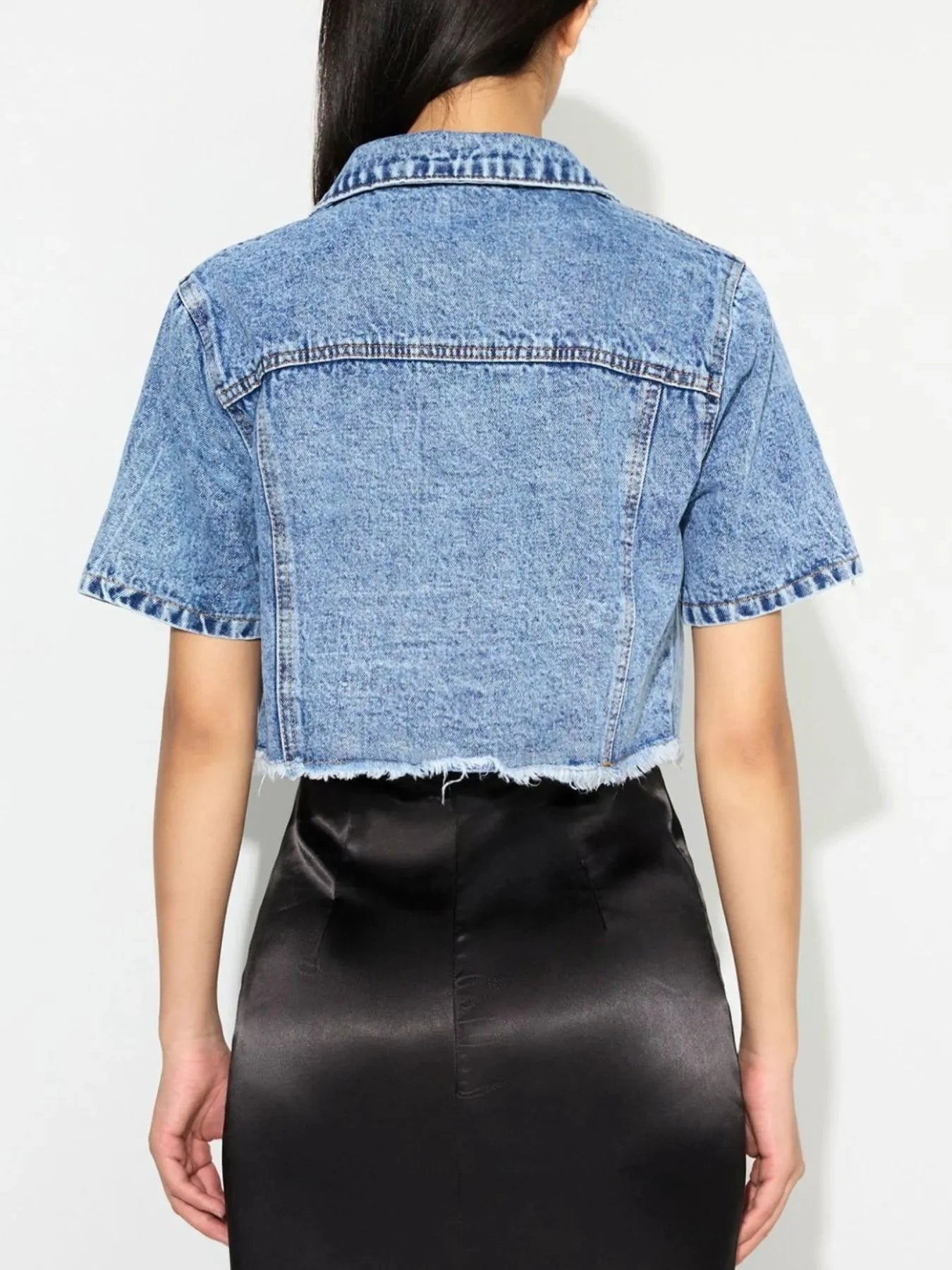 Cropped Short Sleeve Denim Jacket with Frayed Hem by Trendsi