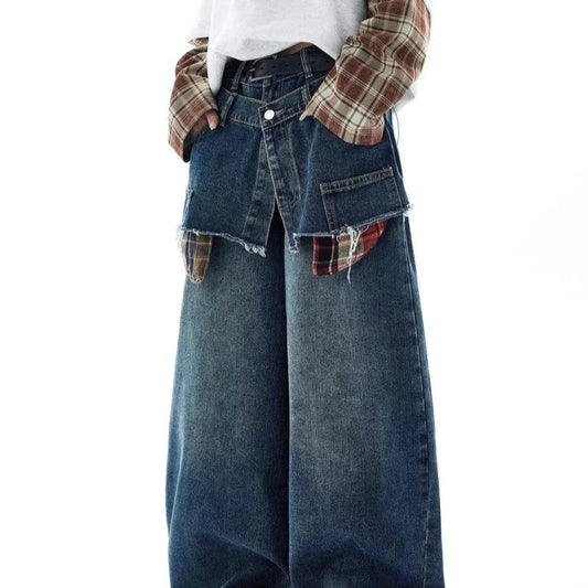 American-style Retro Faux Two-piece Plaid Patchwork Jeans by JeansDenim.Store