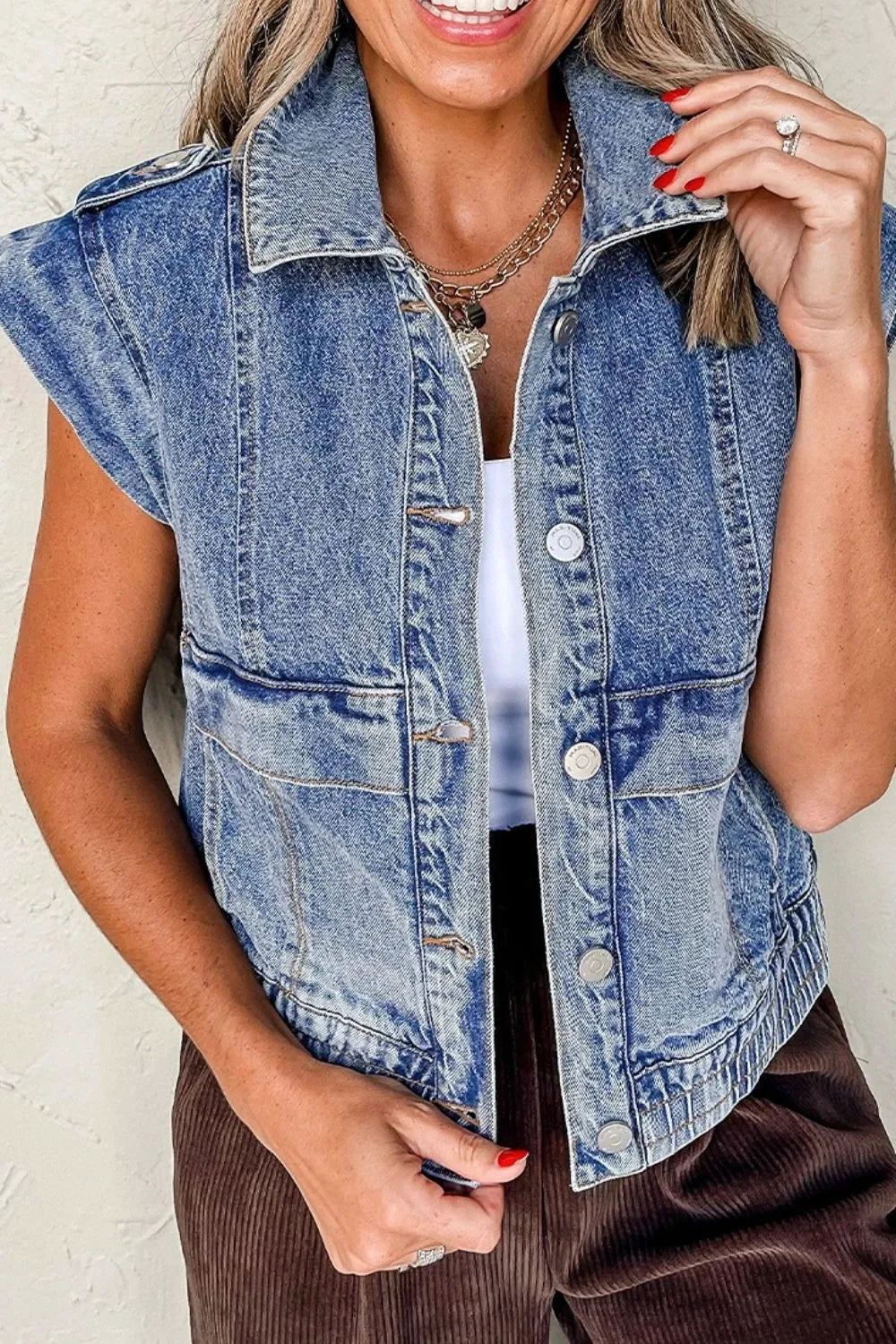 Button Up Cap Sleeve Denim Jacket by Trendsi