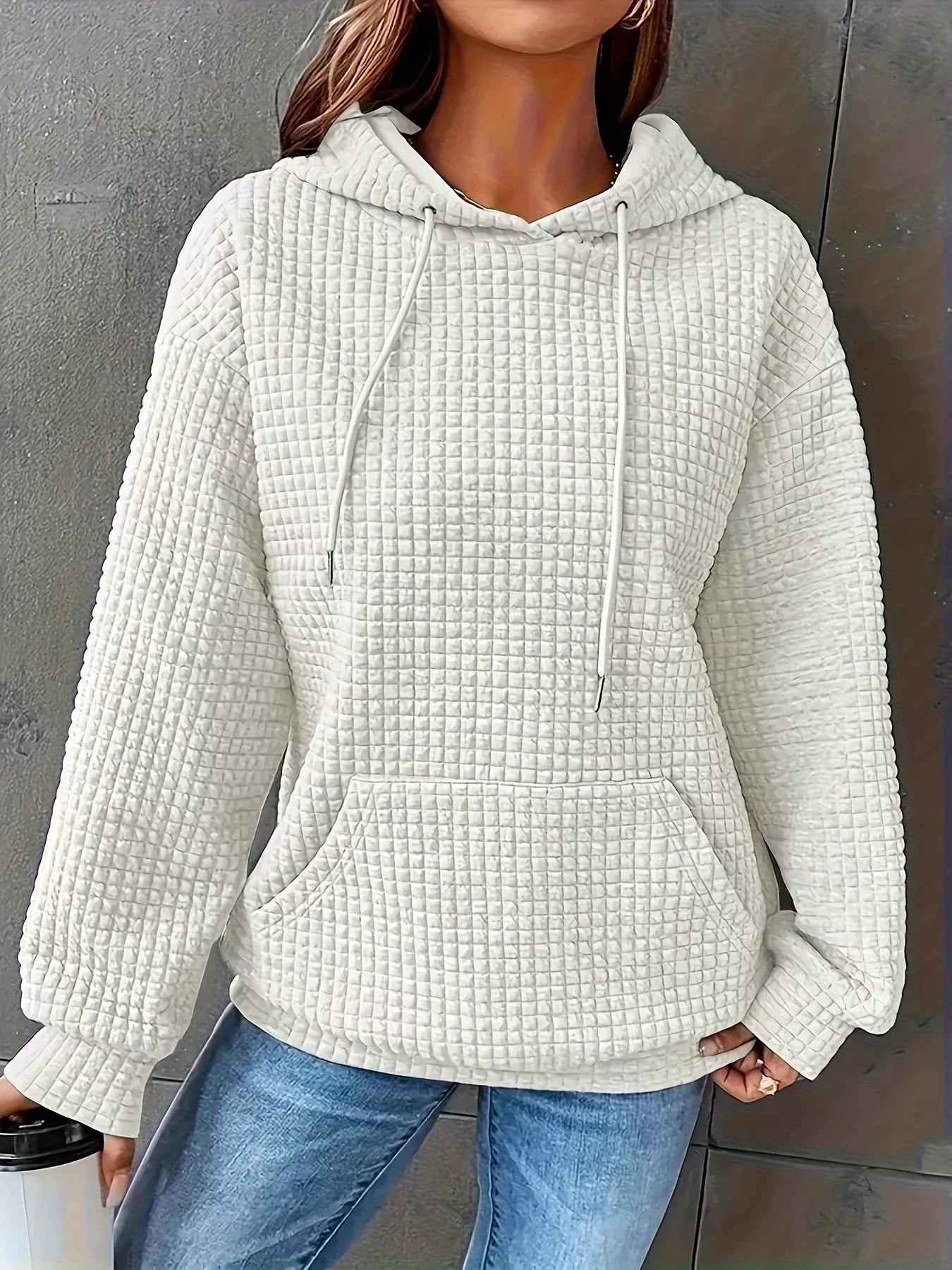 Textured Knit Drawstring Hoodie by Trendsi