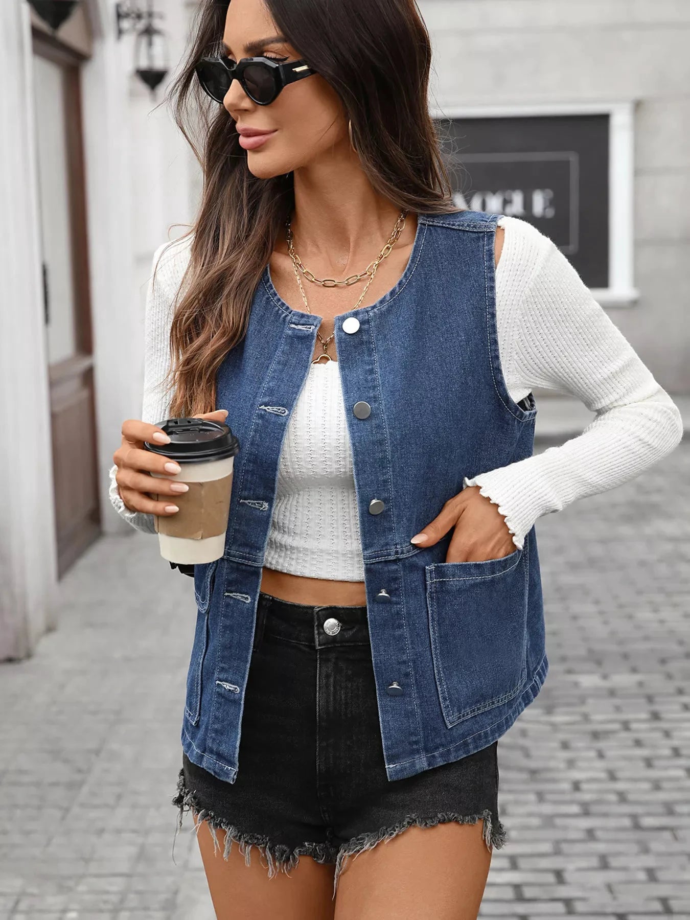 Button Up Denim Vest by Trendsi