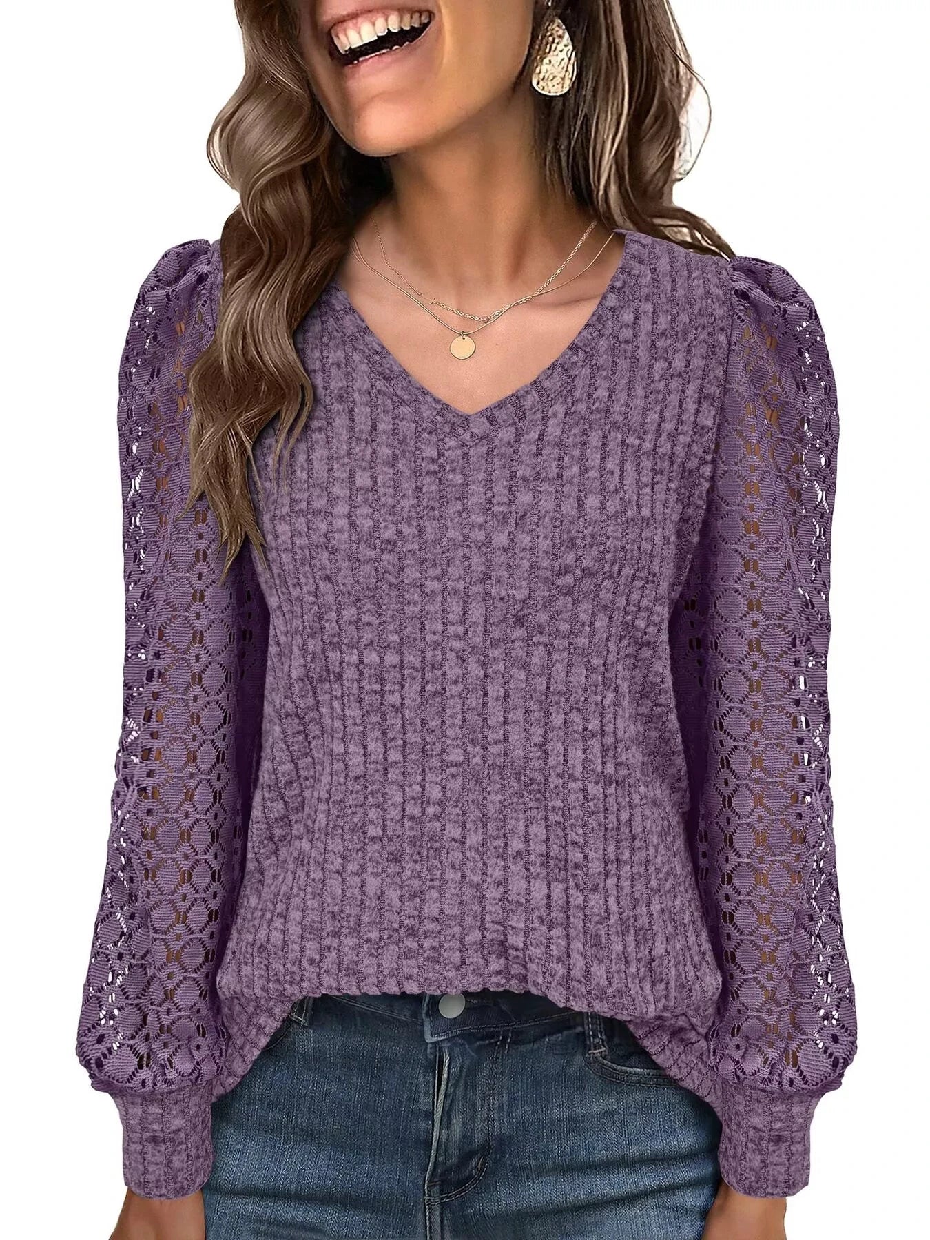 Lace Sleeve V-Neck T-Shirt by Trendsi