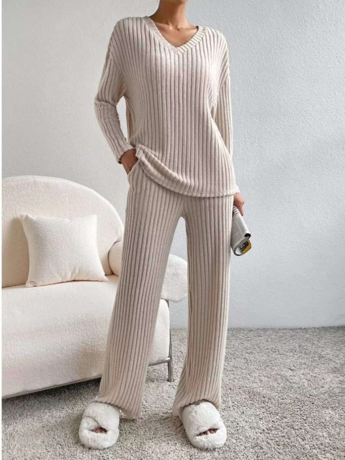 Ribbed Knit V-Neck Top and Pants Set by Trendsi