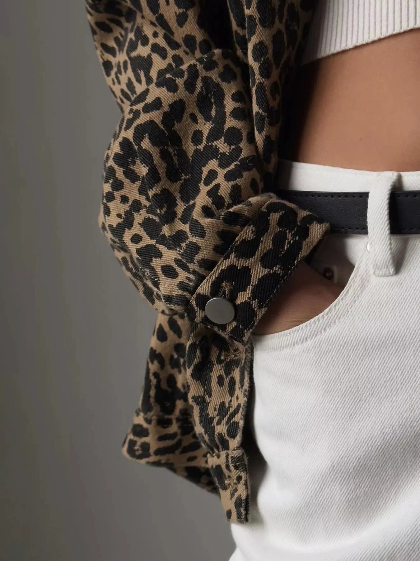 Leopard Button Up Long Sleeve Denim Jacket by Trendsi