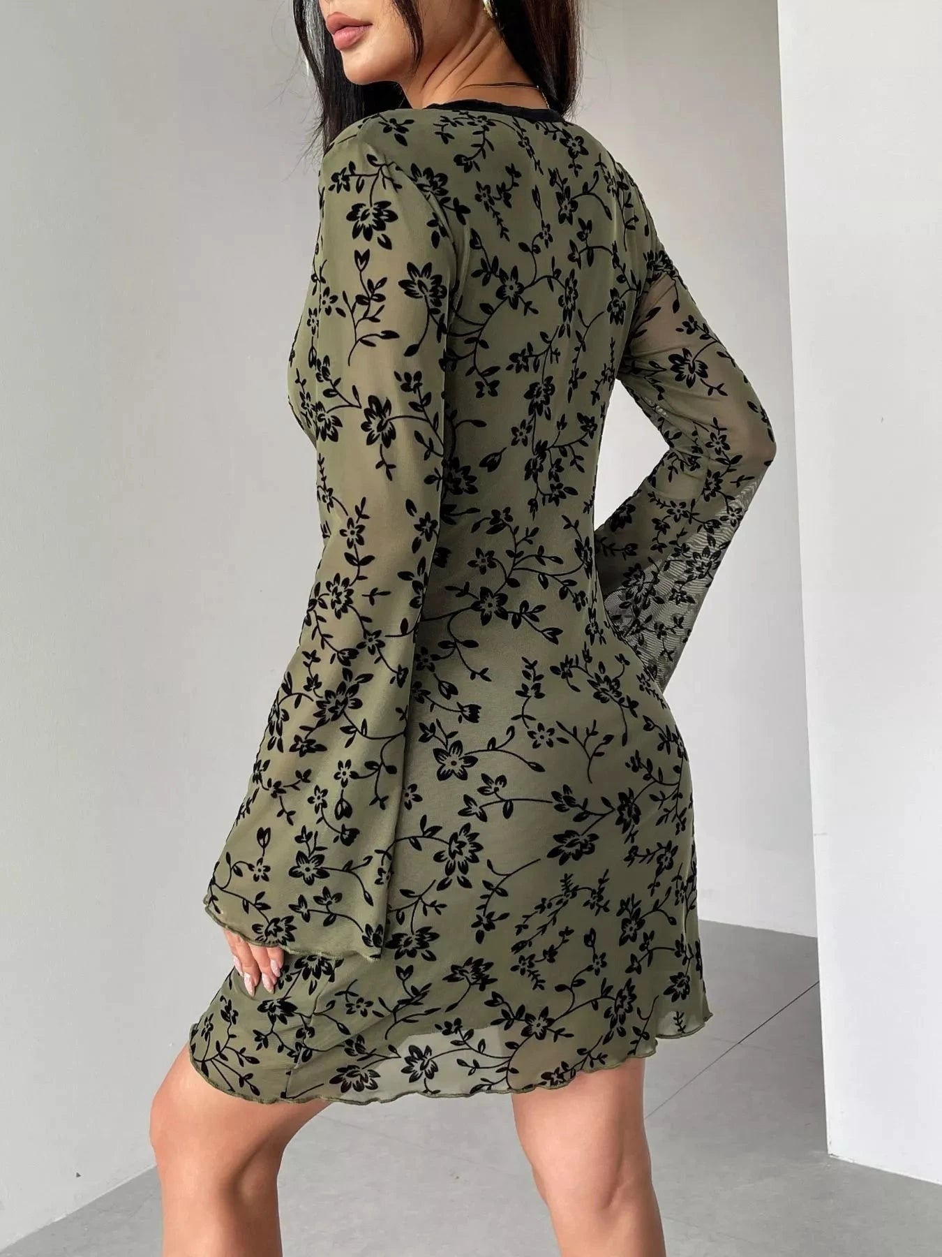 Floral Print Flare Sleeve Mini Dress by Trendsi