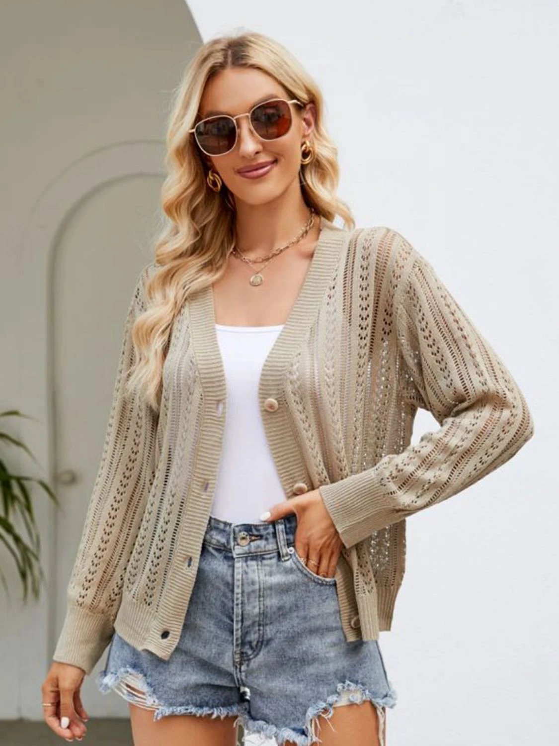 Button Down Ribbed Trim Cardigan by Trendsi