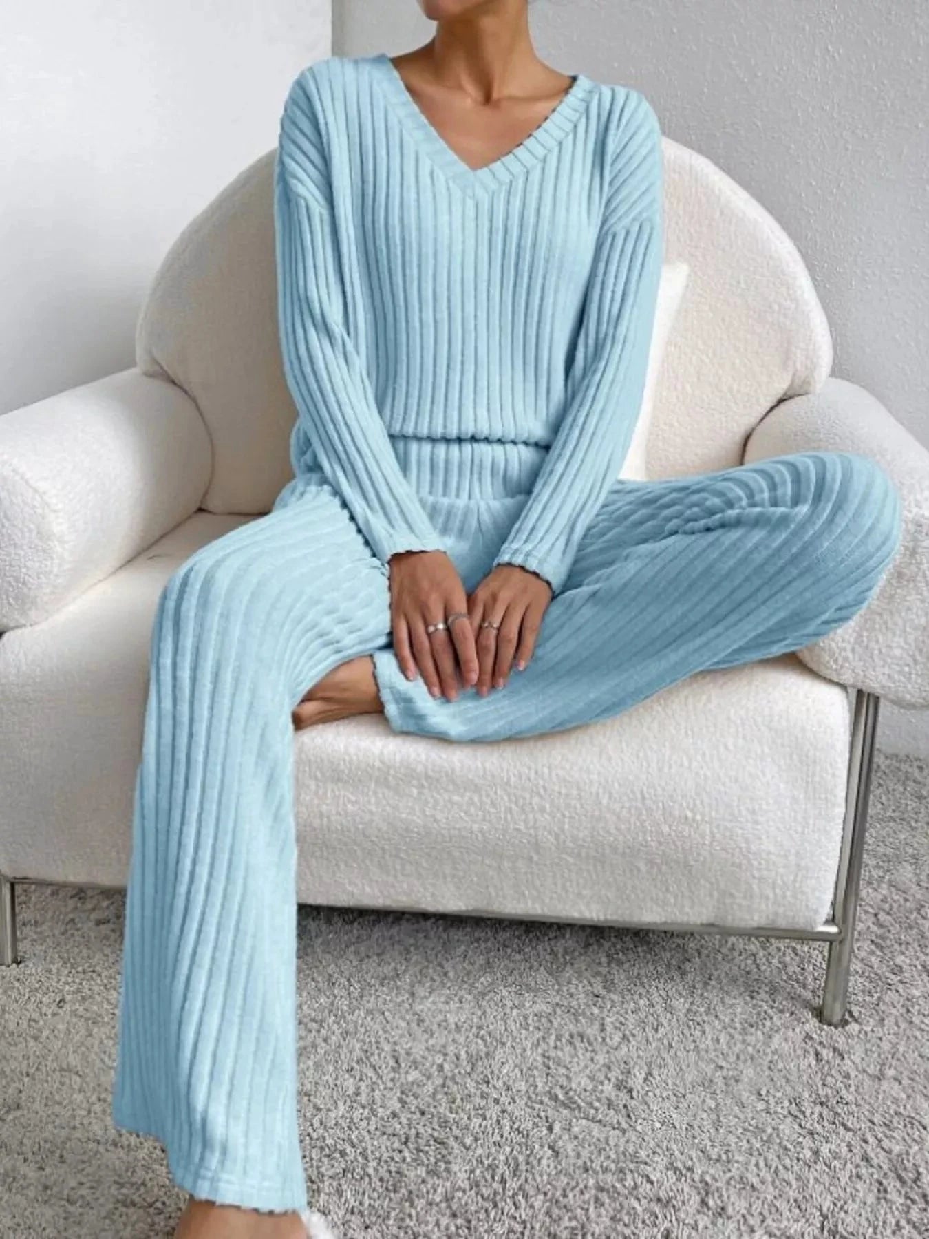 Ribbed Knit V-Neck Top and Pants Set by Trendsi