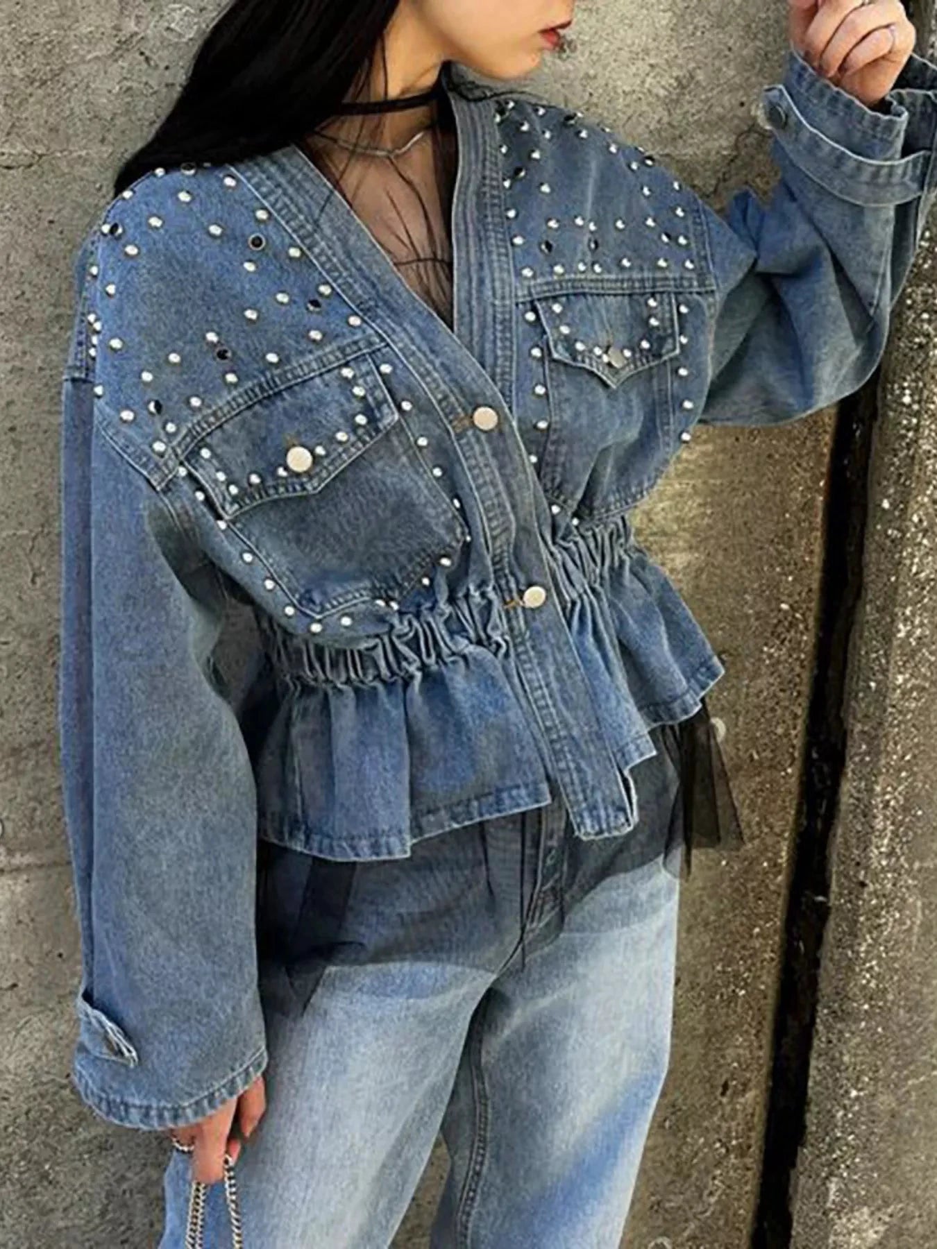 Studded Button Up Denim Jacket by Trendsi
