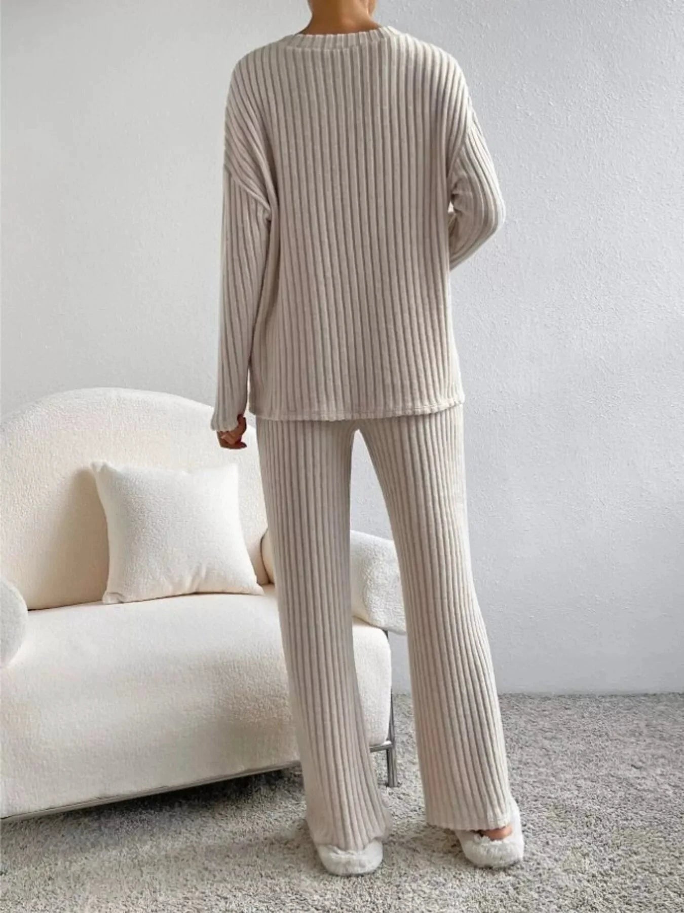Ribbed Knit V-Neck Top and Pants Set by Trendsi