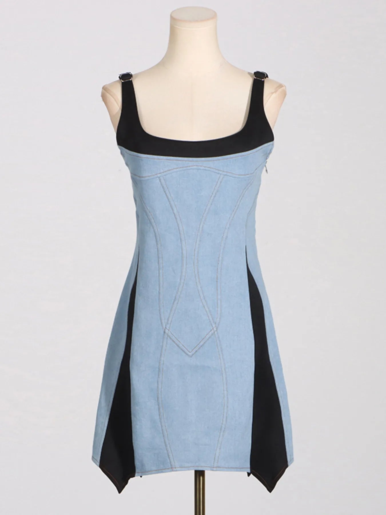 Contrast Adjustable Strap Denim Dress by Trendsi