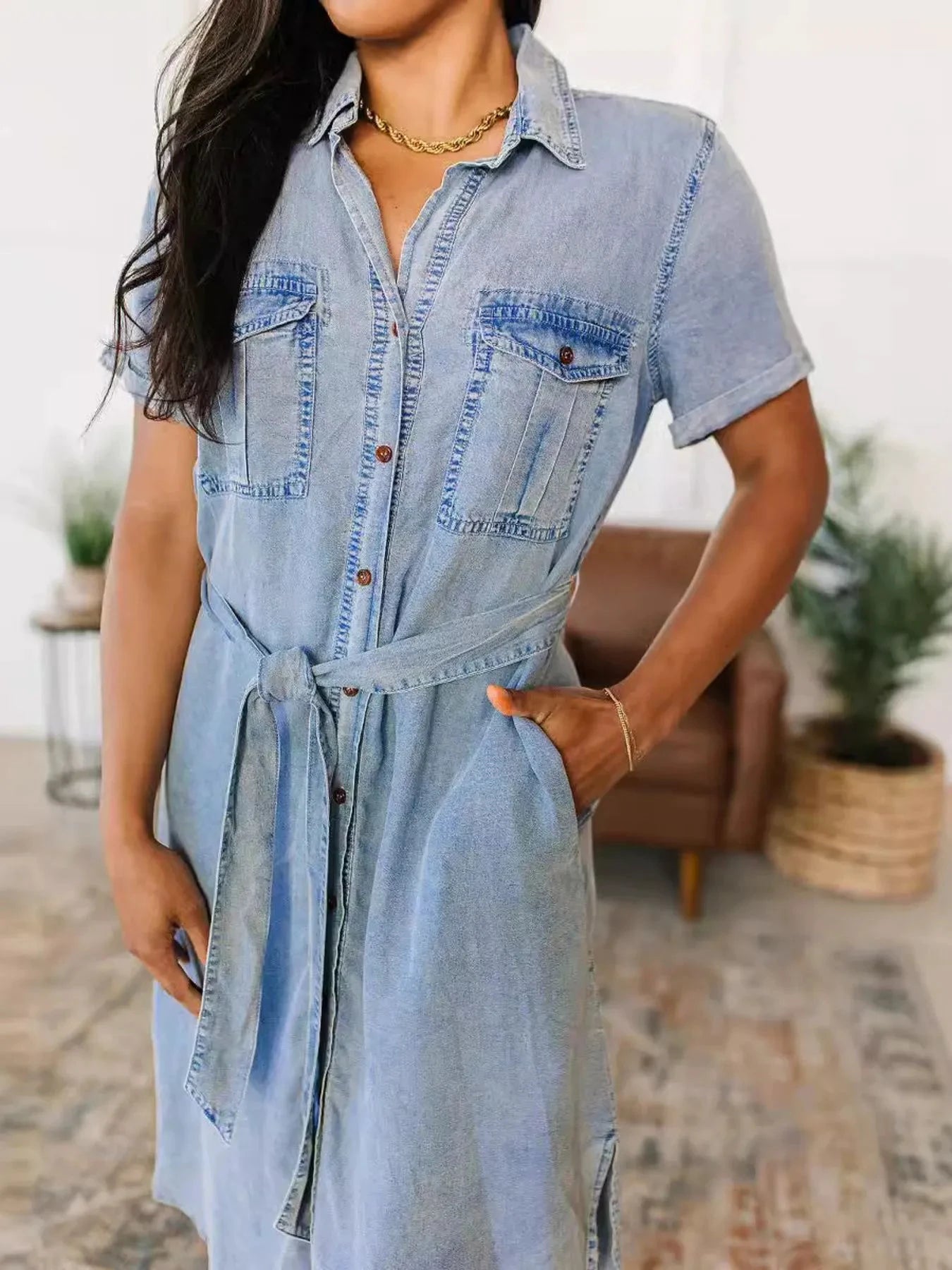 Button Front Short Sleeve Denim Dress by Trendsi