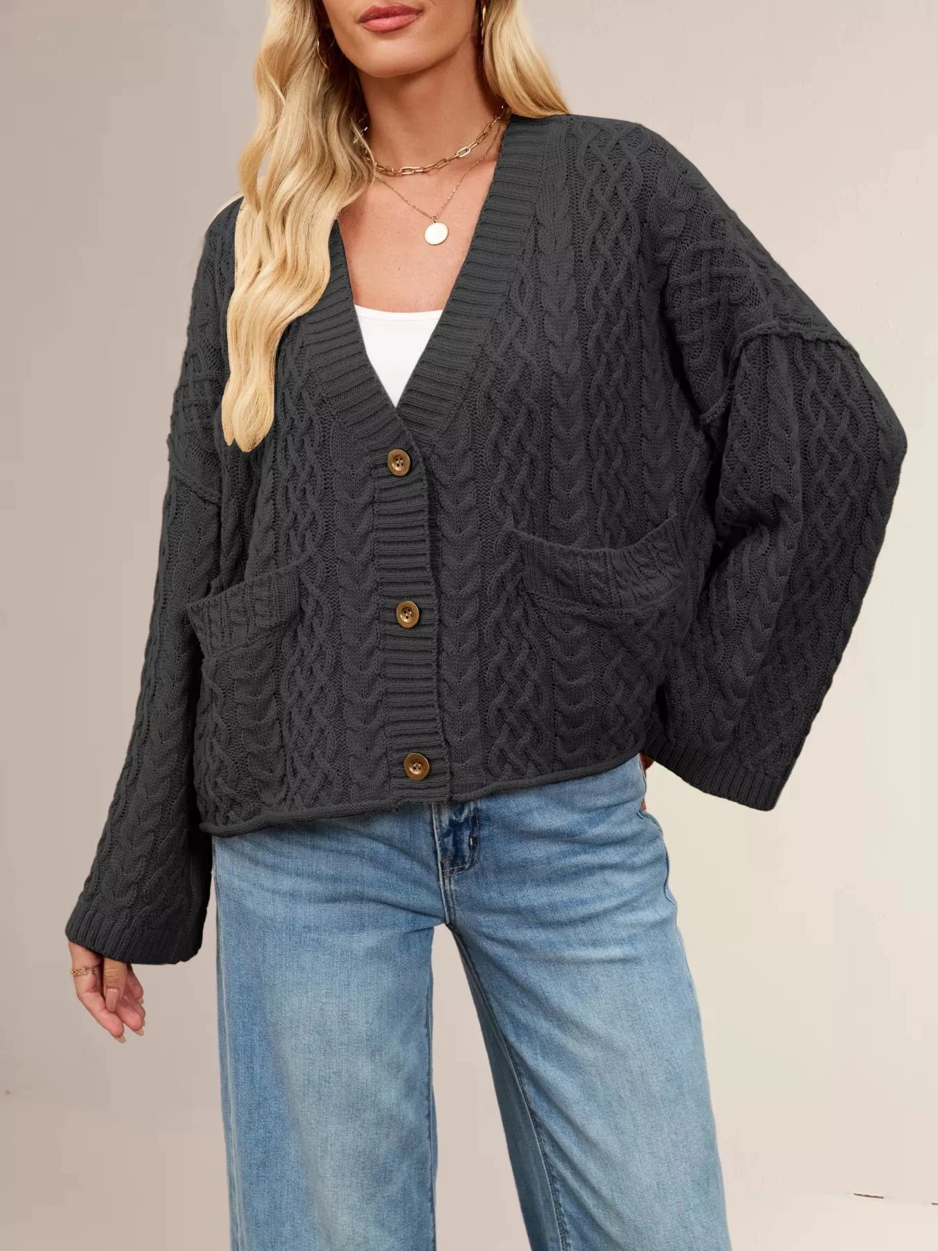 Cable Knit Button-Down Cardigan by Trendsi