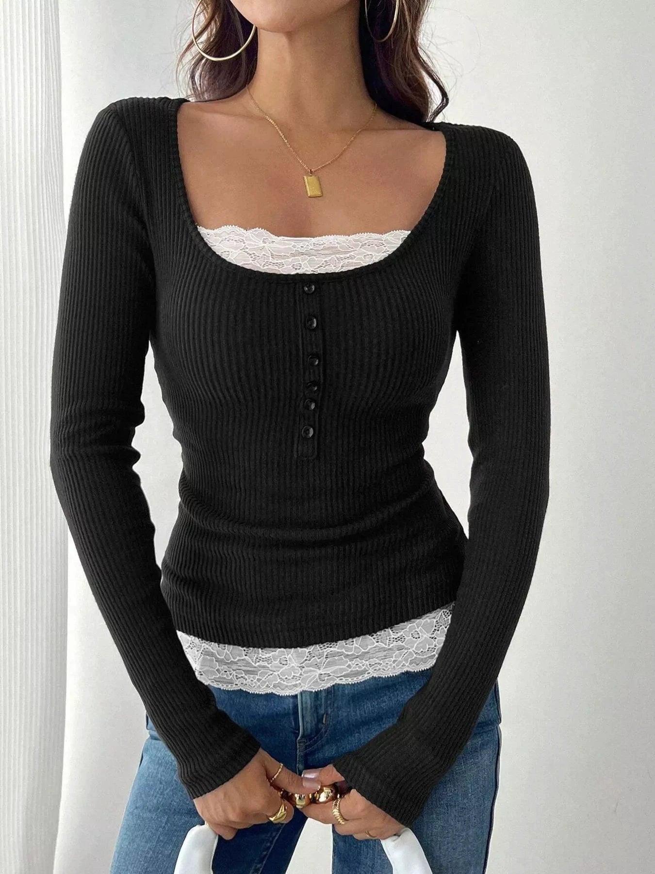 Lace Detail Long Sleeve Ribbed Top by Trendsi