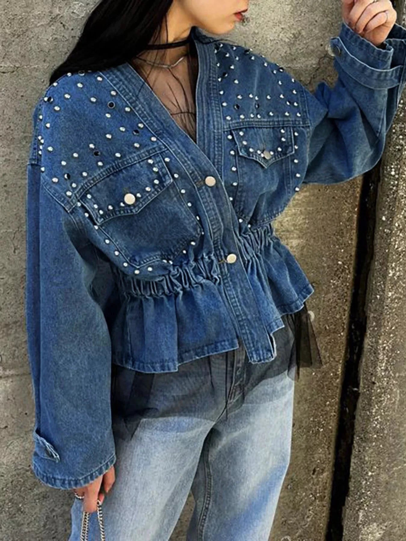 Studded Button Up Denim Jacket by Trendsi