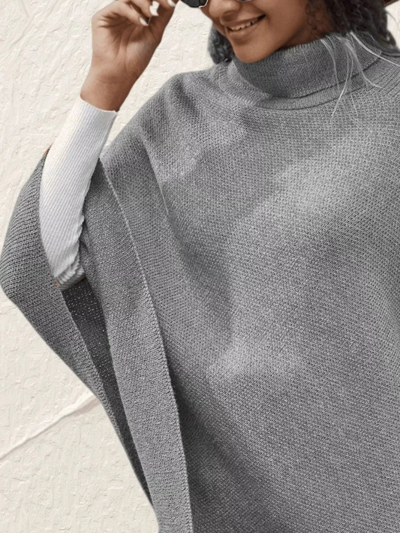 Button-Decor Turtleneck Poncho Pullover by Trendsi