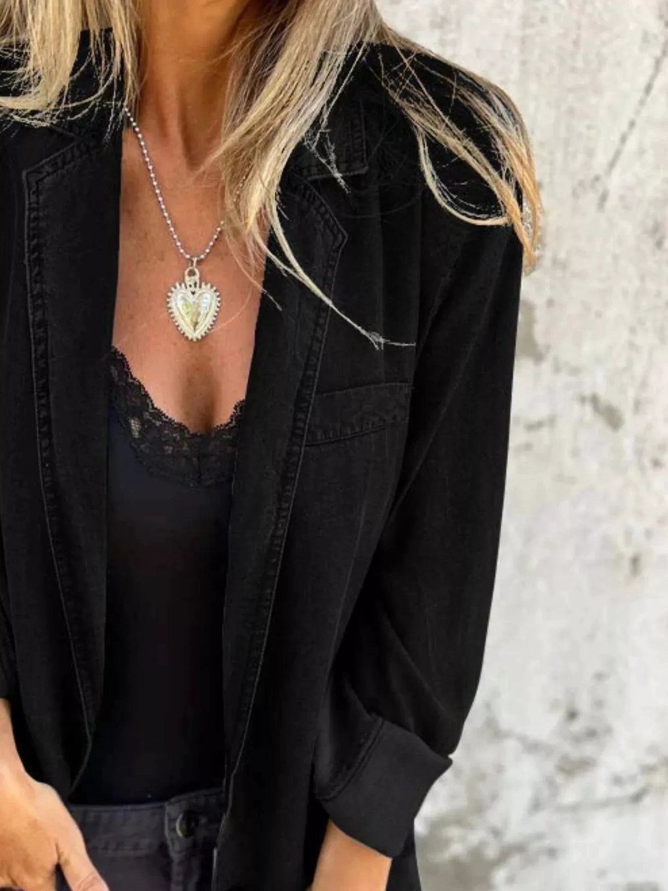 Full Size Button Down Denim Blazer Plus Size by Trendsi