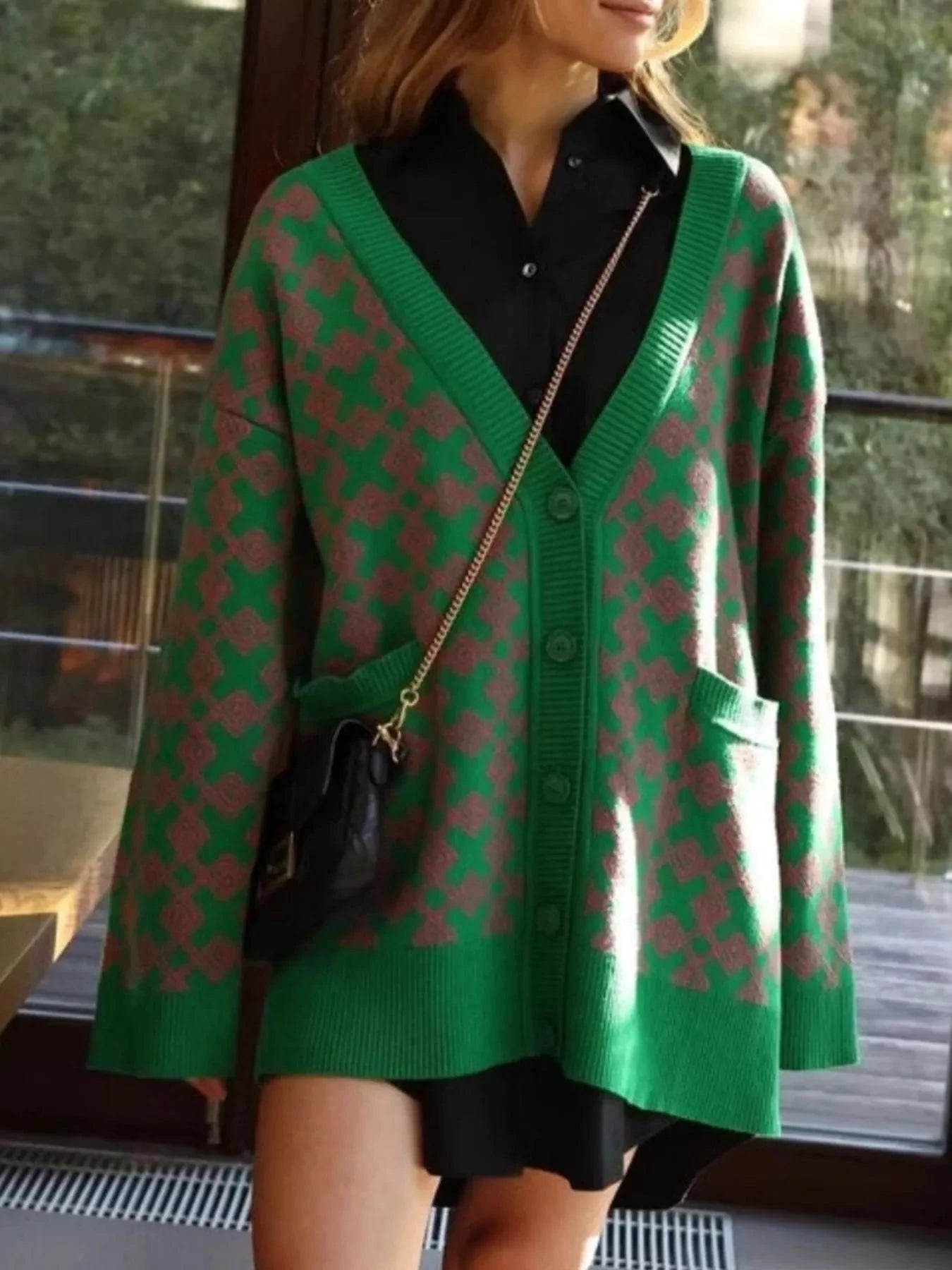 Geometric Pattern Button-Down Cardigan by Trendsi