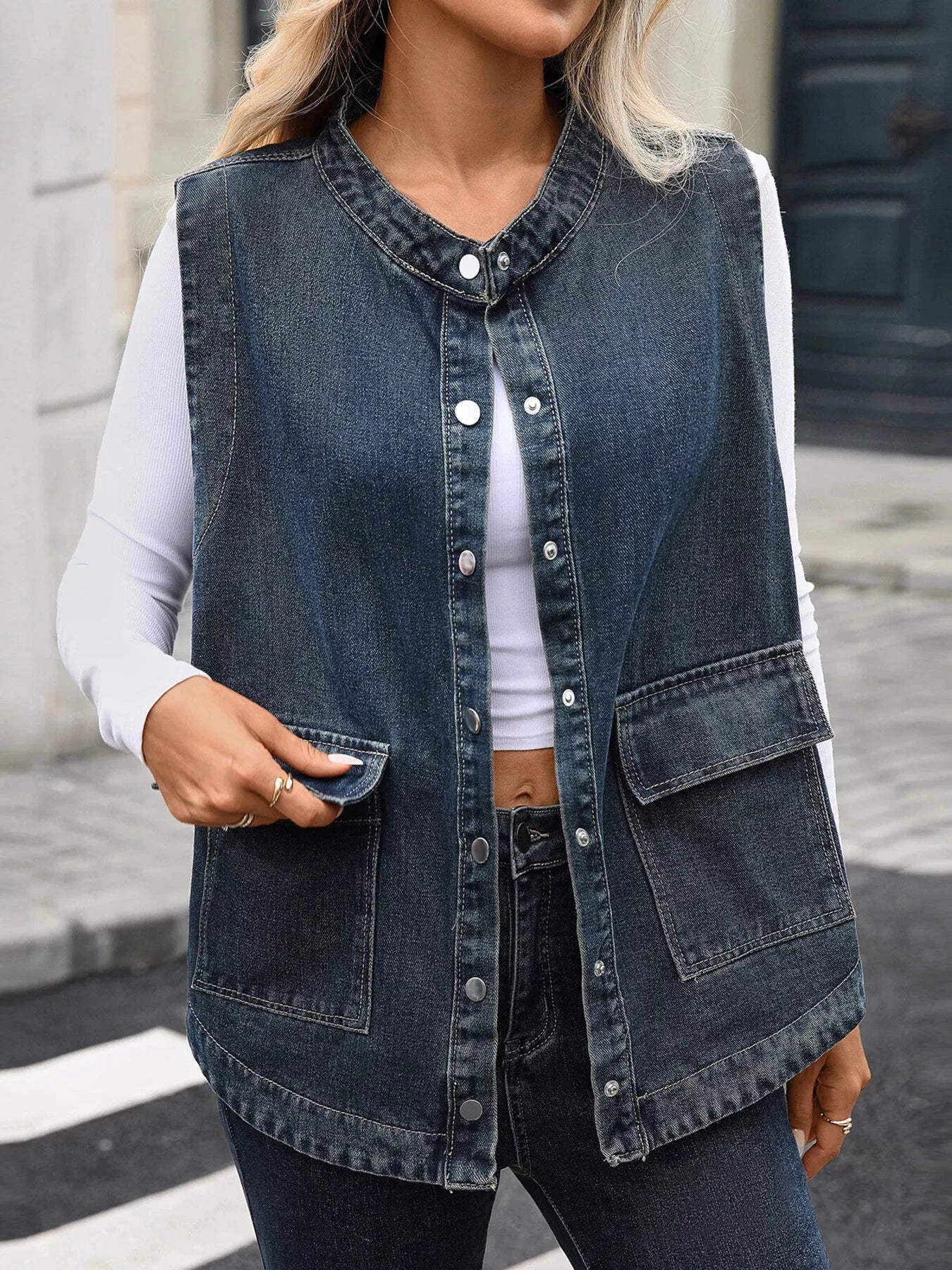 Snap Down Sleeveless Denim Jacket by Trendsi