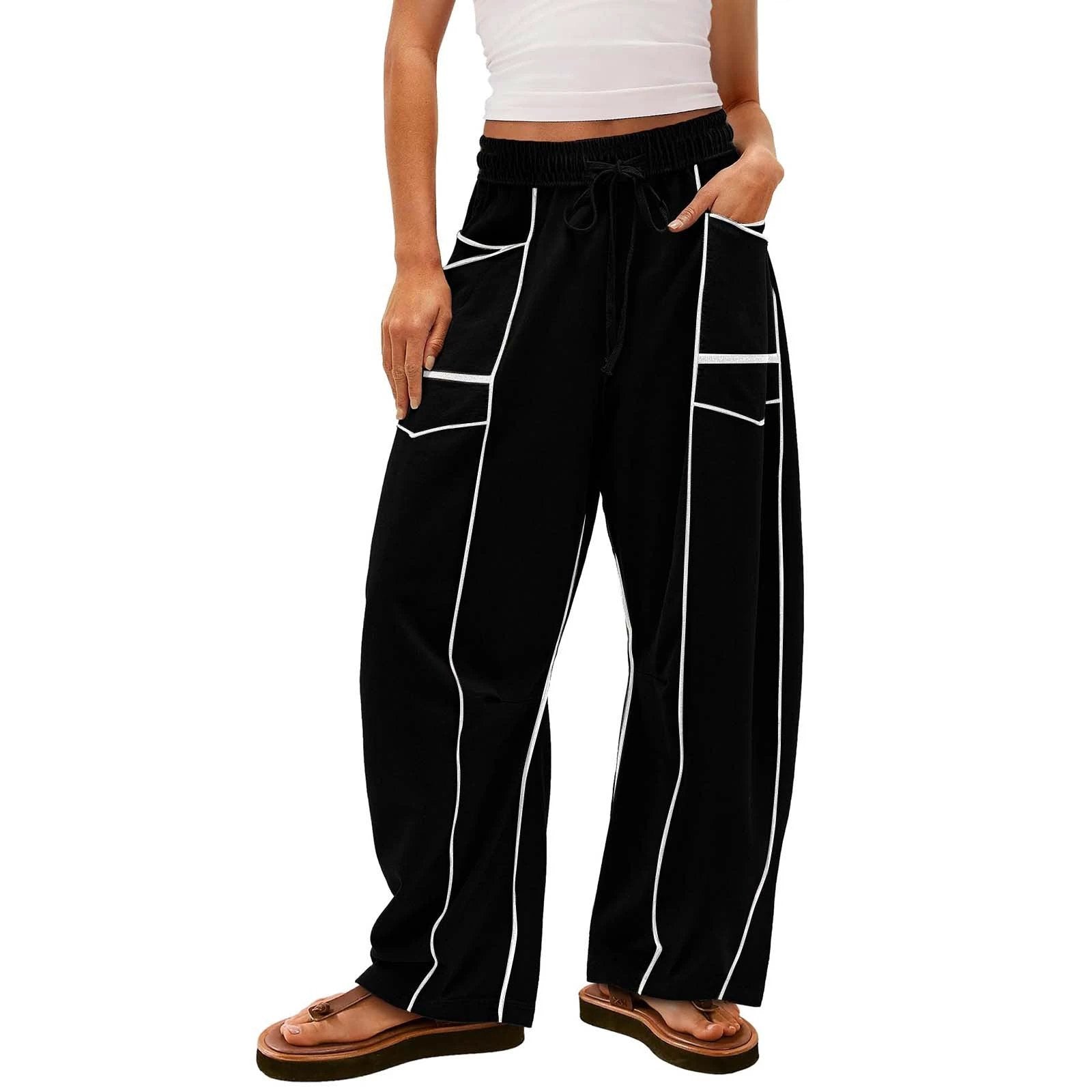 Y2K Black Striped Wide-leg Pants With Pockets Fashion Loose Drawstring Trousers Sports Sweatpants Women's Clothing by AdTec