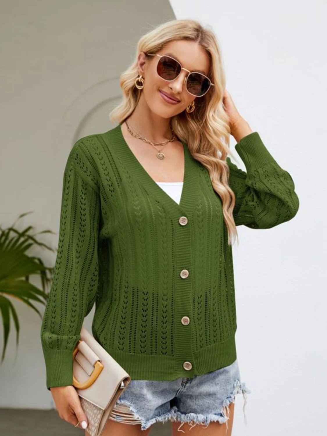 Button Down Ribbed Trim Cardigan by Trendsi