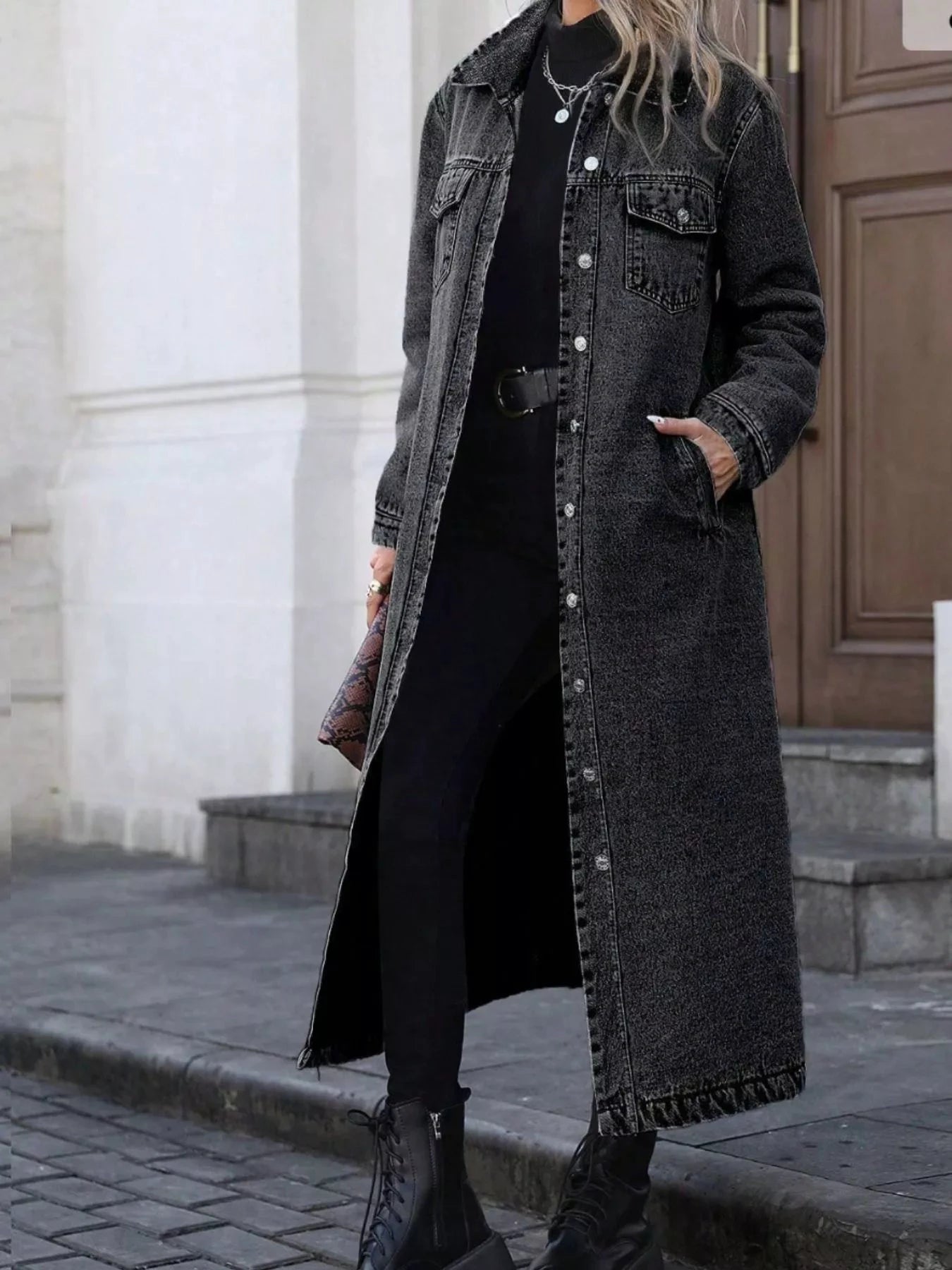 Longline Button-Front Denim Jacket by Trendsi