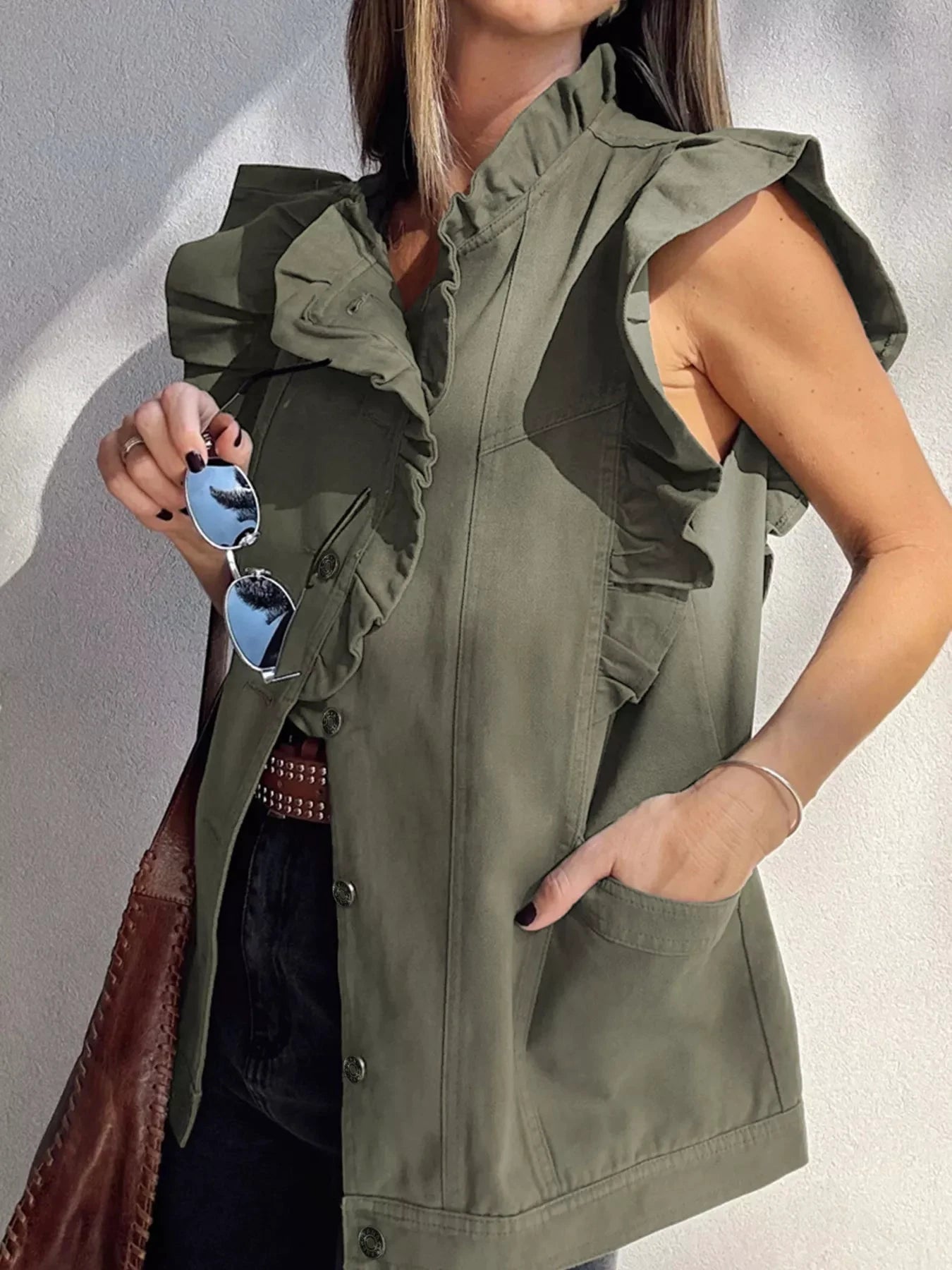 Ruffled Patchwork Denim Jacket Vest by Trendsi