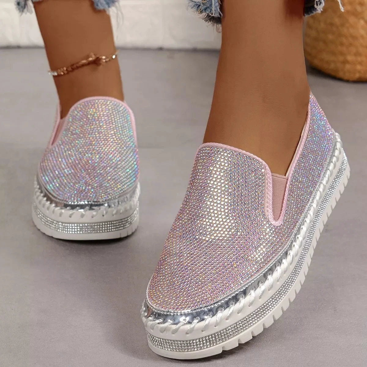 Rhinestone Round Toe Platform Loafers by Trendsi