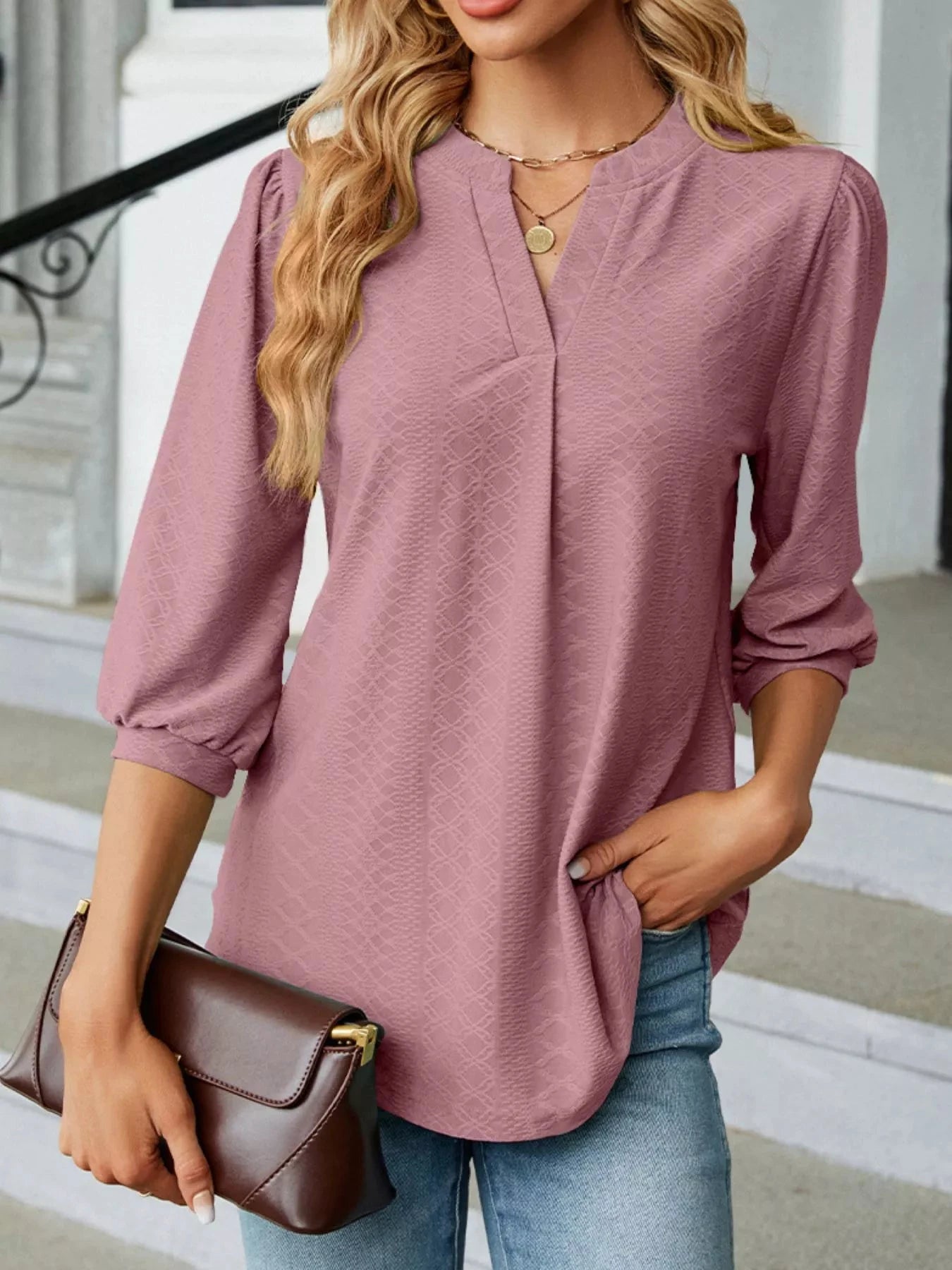 Notched 3/4 Sleeve Casual Top by Trendsi