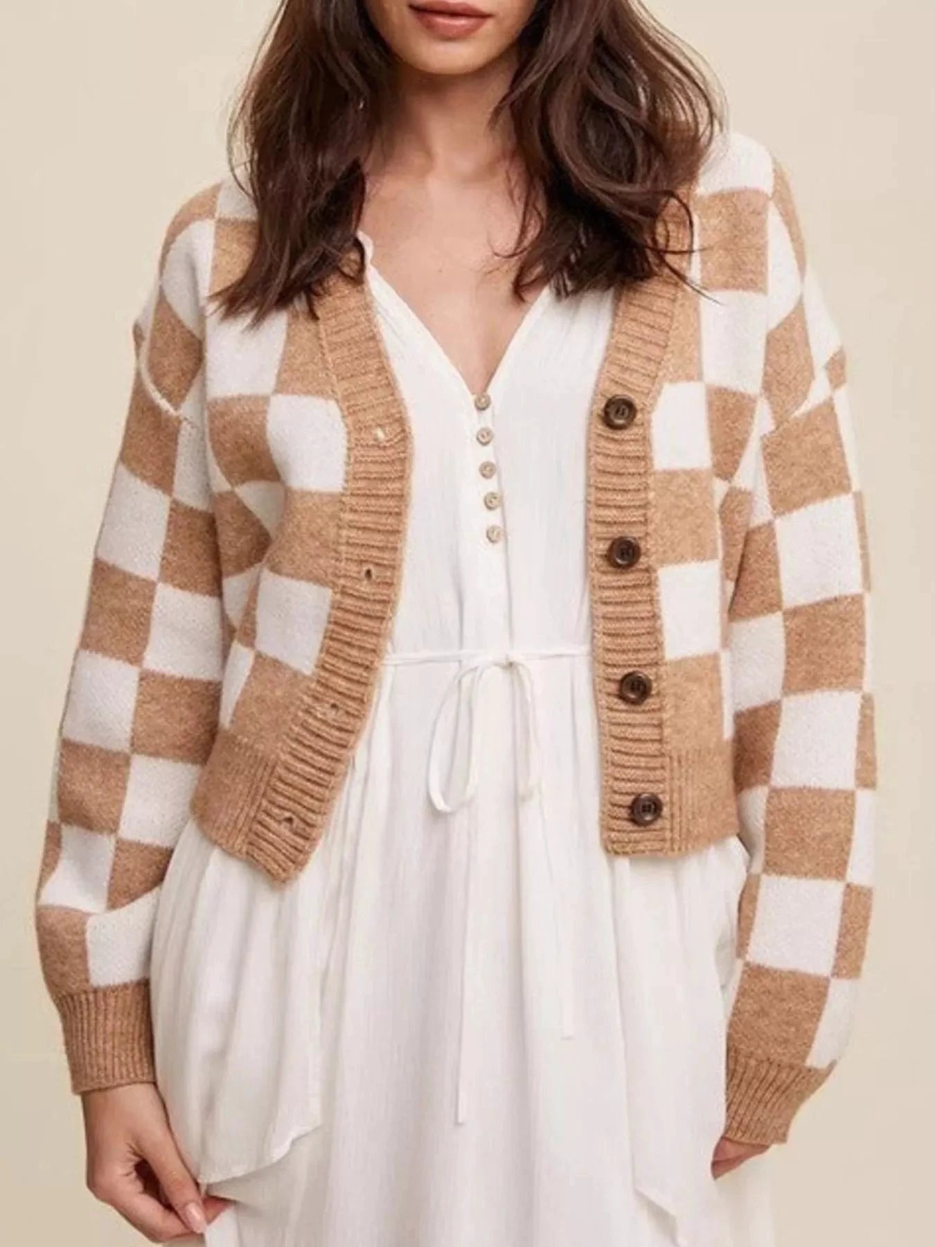 Checkerboard Pattern Button-Down Cardigan by Trendsi