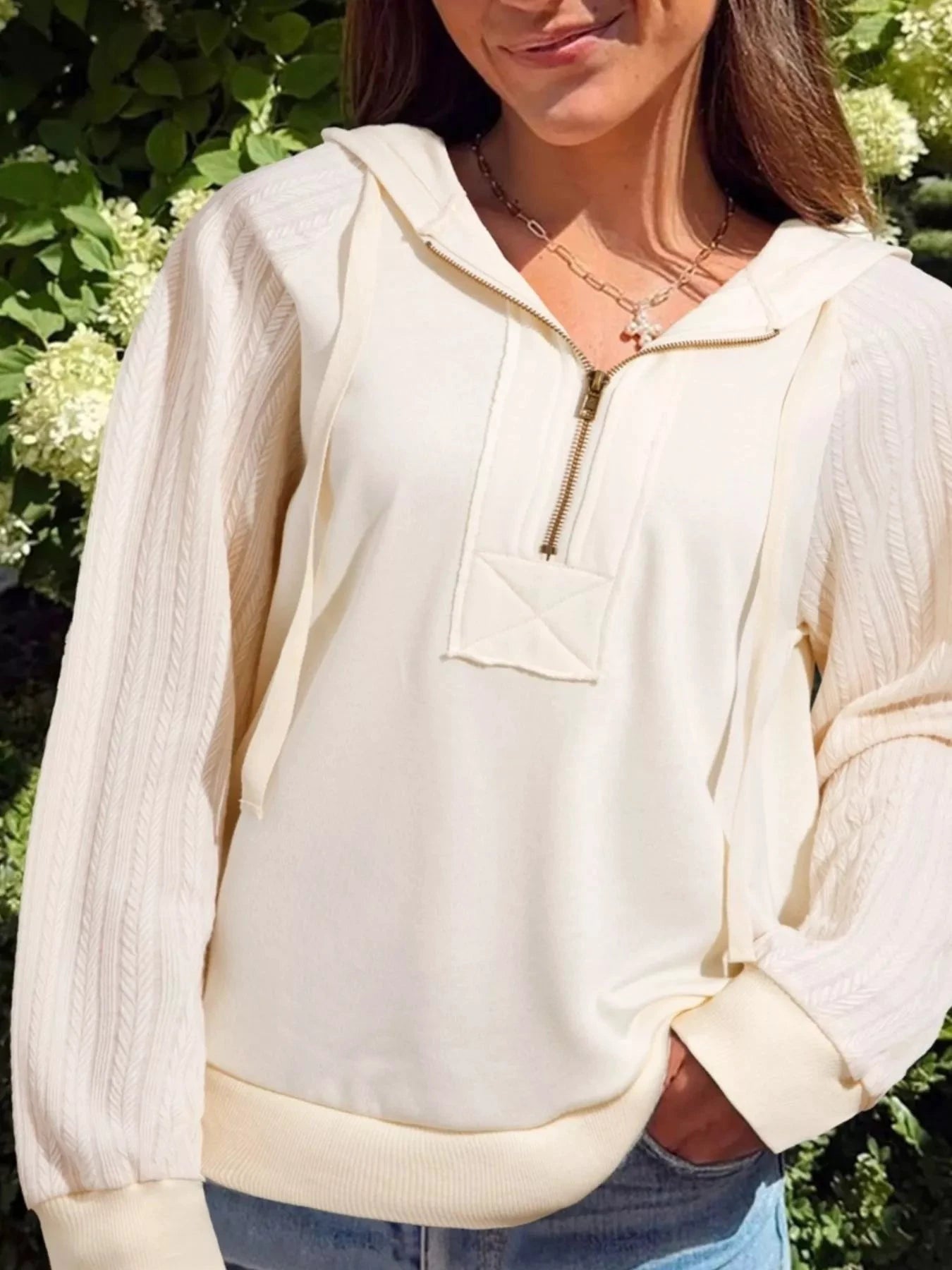 Solid Color Textured Sleeve Patchwork Half Zip Hoodie by Trendsi