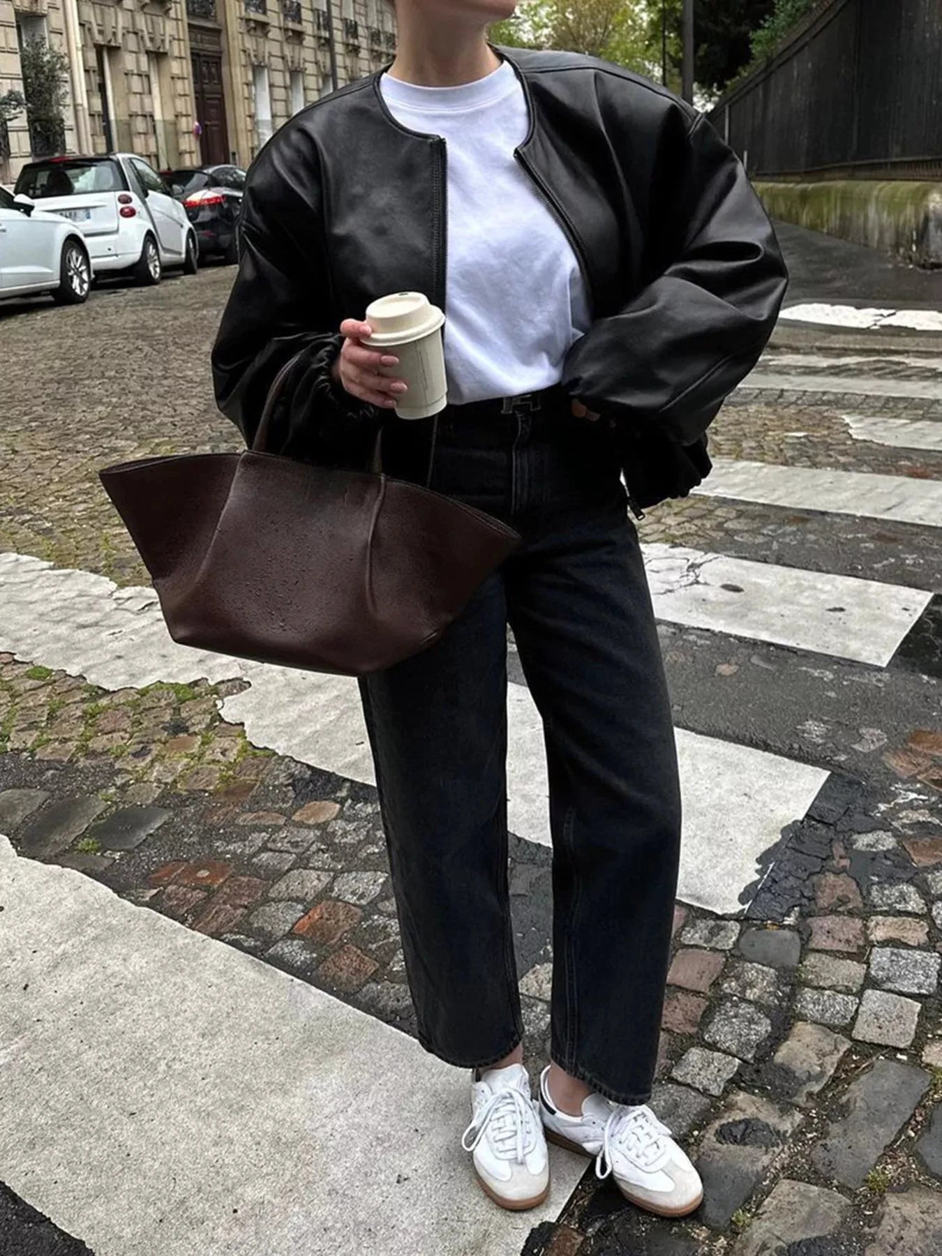 Zip Up Leather Bomber Jacket by Trendsi