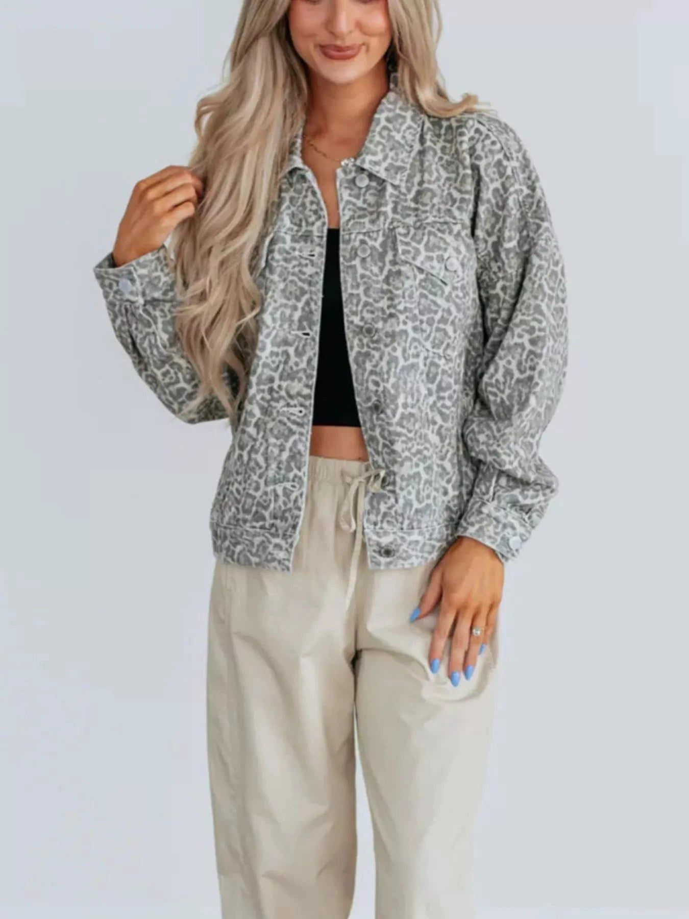 Leopard Button Up Denim Jacket by Trendsi