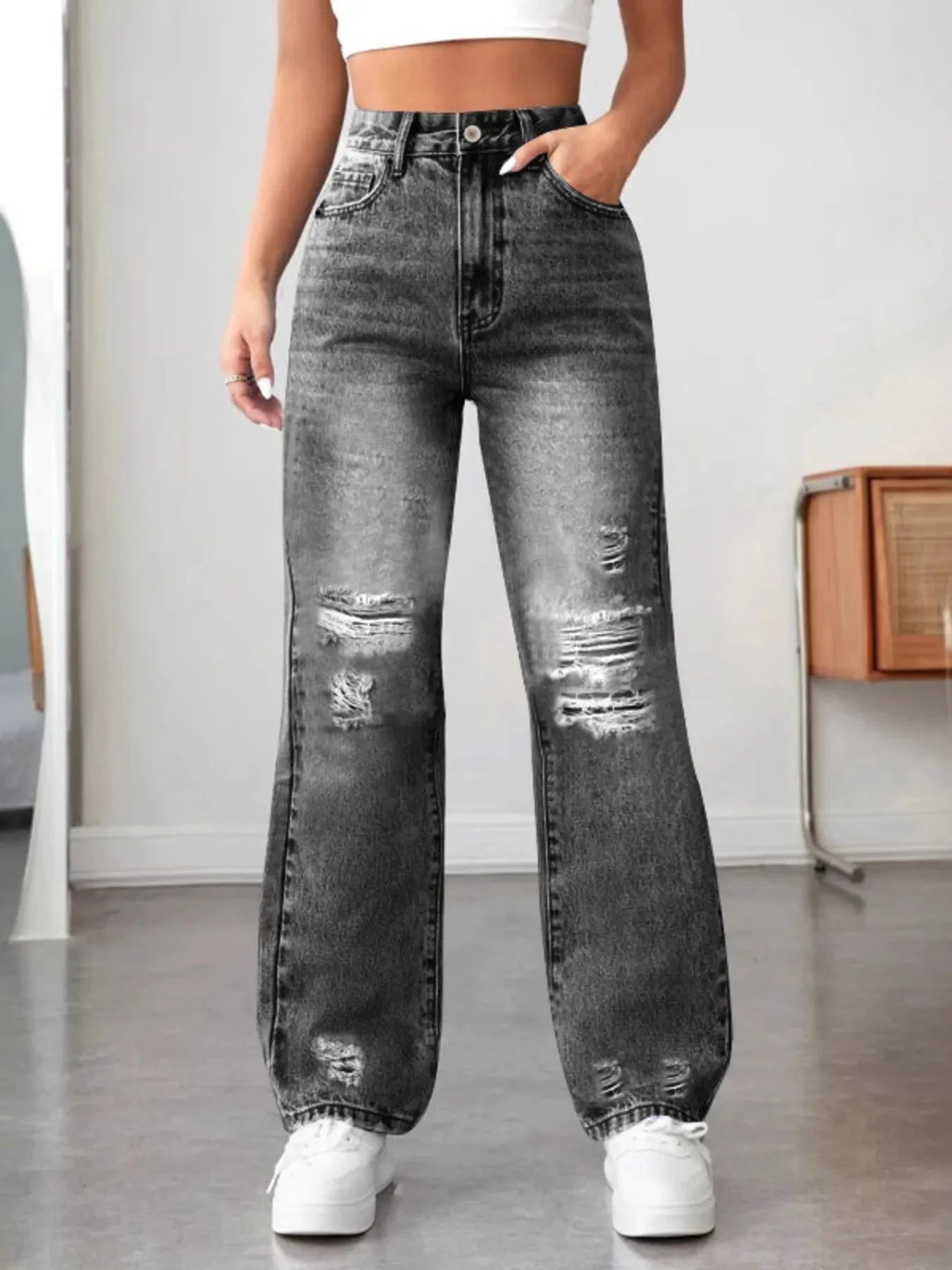 Distressed High Waisted Jeans by Trendsi